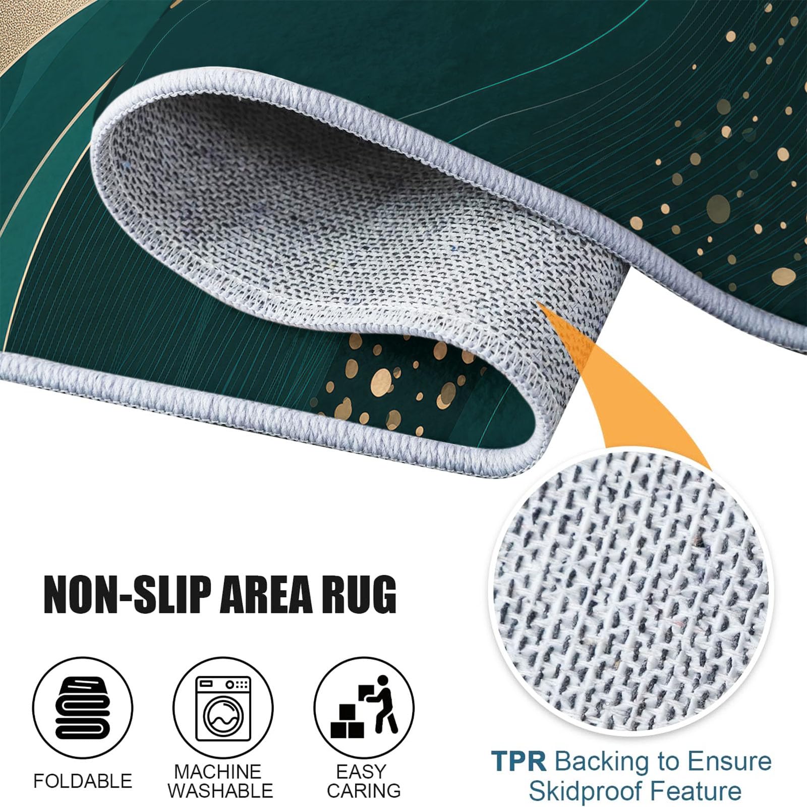 Générique Luxe Italien Tapis Rond Salon 180 cm Poils Courts pour Chambre Cuisine Intérieur, Texture Marbre Lignes Dorées Antidérapant Doux Flanelle Tapis Rond Décoratif, Vert Foncé