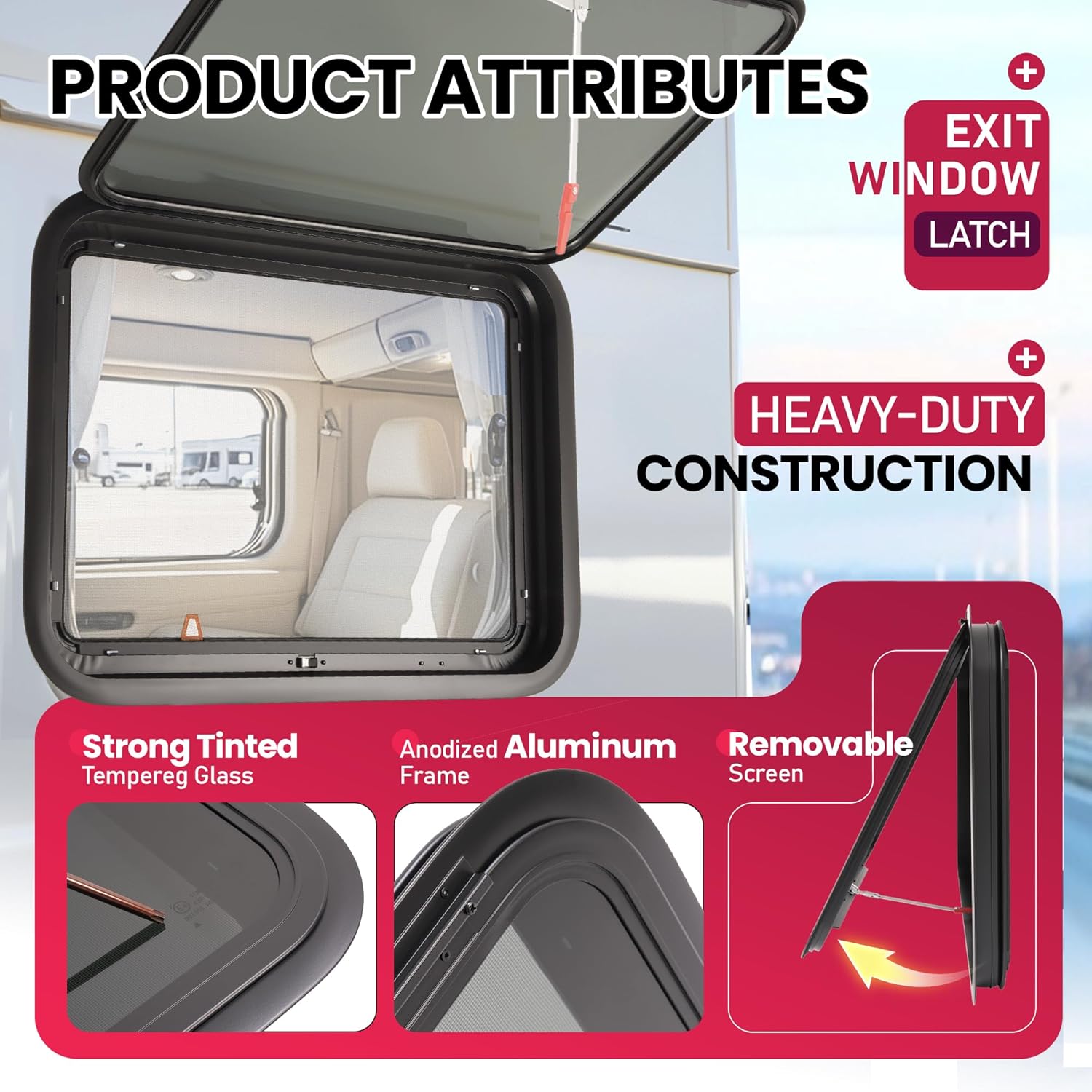 Wutist 30"W X 22"H RV Exit Window W/ Removable Screen, Trim Ring Side Emergency Window For Trailer, Camper, Van, Truck