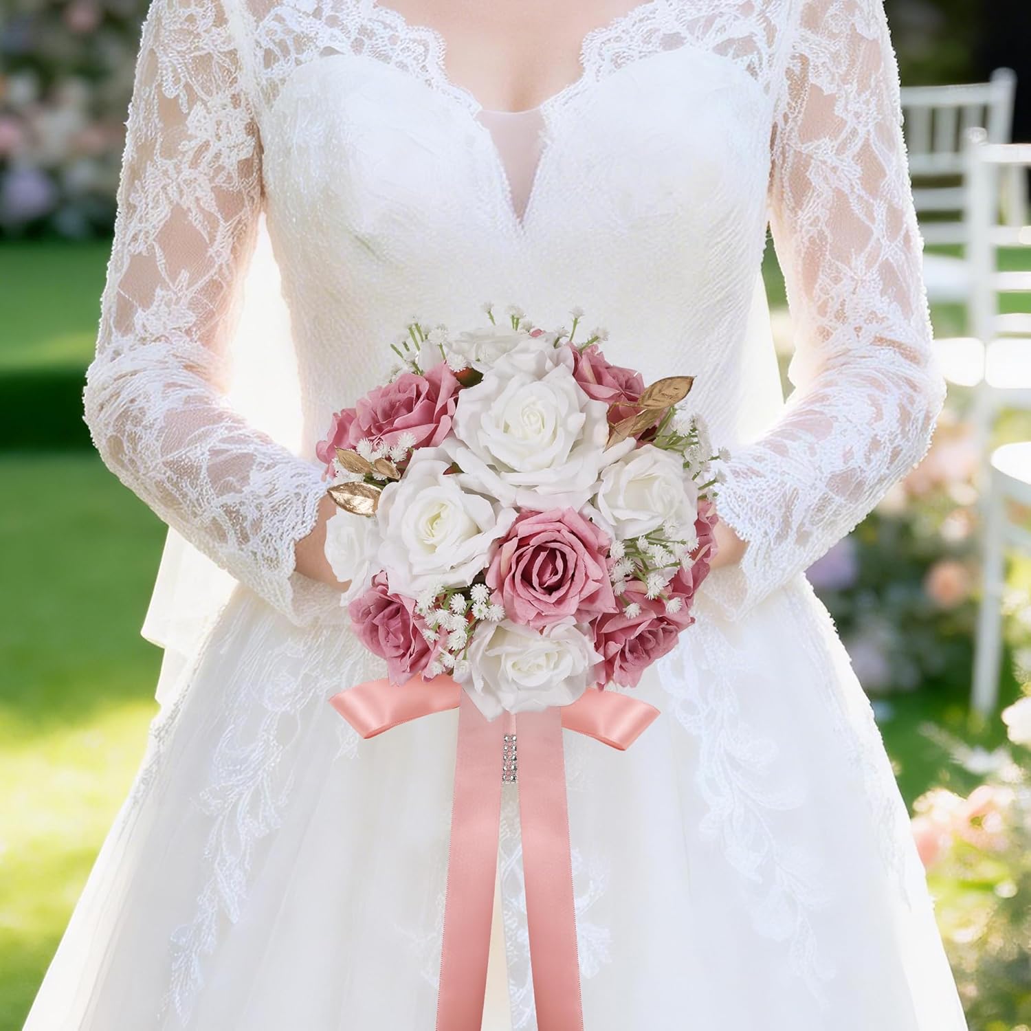 Wedding Bouquets for Bride & Bridesmaid, 9 Inch Artificial Rose Bridal Bouquet, Ivory White & Pink Silk Flowers for Wedding Ceremony, Church, Party Decoration (White Pink)