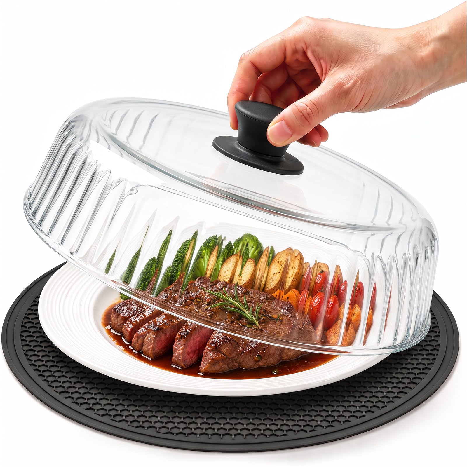 Glass Microwave Splatter Cover for Food with Silicone Mat,10.28inch(Black)