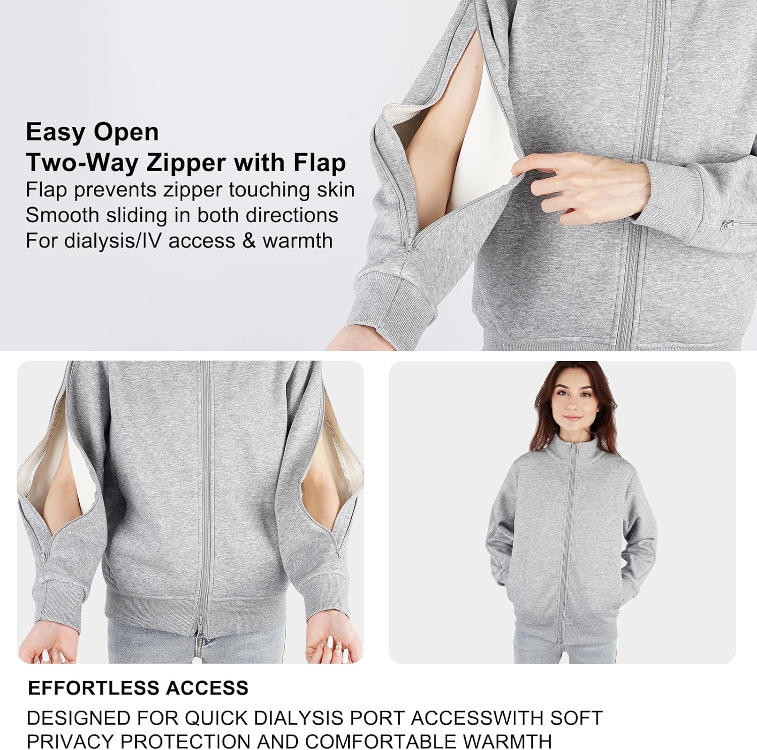 Women's Sherpa Lined Stand Collar Dialysis Jacket - Comfort with Arm Zipper | Hassle-Free Port Access & Hemodialysis Clothing - Image 2