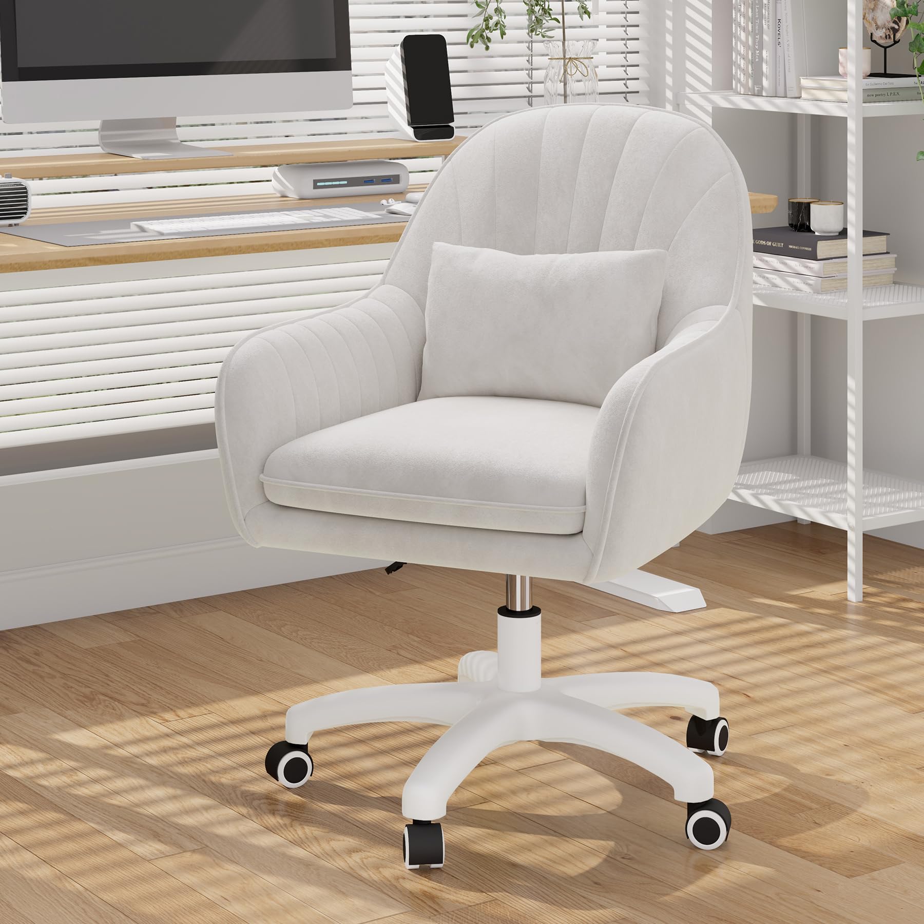 Oficina para teletrabajo, Silla de Terciopelo con reposacabezas, Altura Regulable, Silla de Oficina ergonómica, Silla giratoria para maquillarse, para Dormitorio, hasta 120 kg, Color Blanco