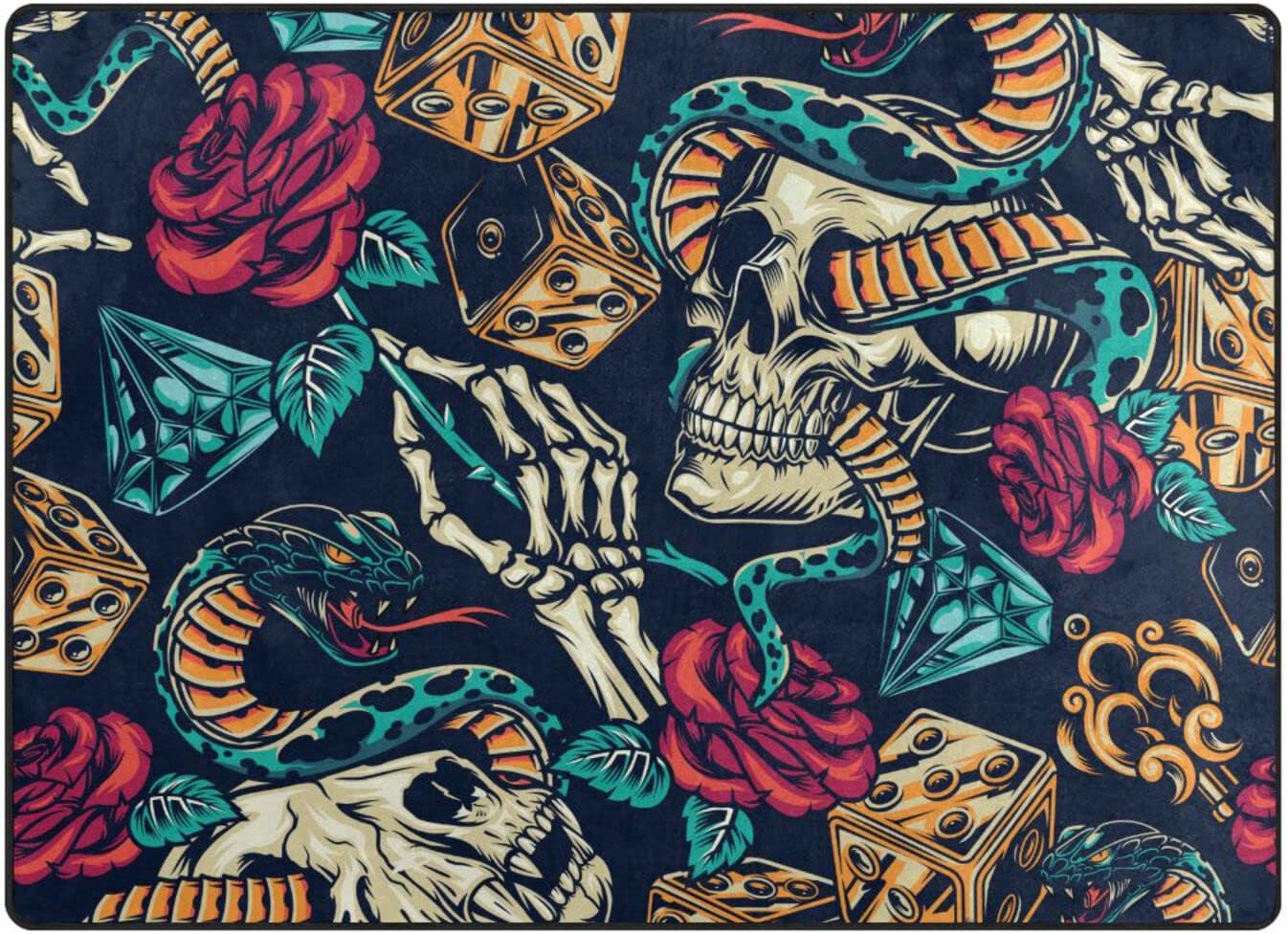 BOENLE Area Rug Large Area Rugs for Living Room Non-Slip Washable Carpet Skull Snake Rose Dice Thick Rectangular Mat for Indoor Bedroom Dining Office-63 x 48 Inch