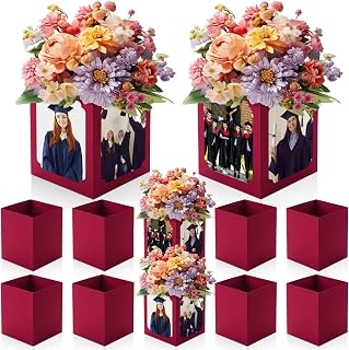 Spiareal 6 Pcs Graduation Picture Box Centerpieces Photo Frame, Dark Red | 6-7 Inch Display, Floral Topped Props for Table Decor, Congrats Grad Party Favor Gift, Foldable Cardboard Frames