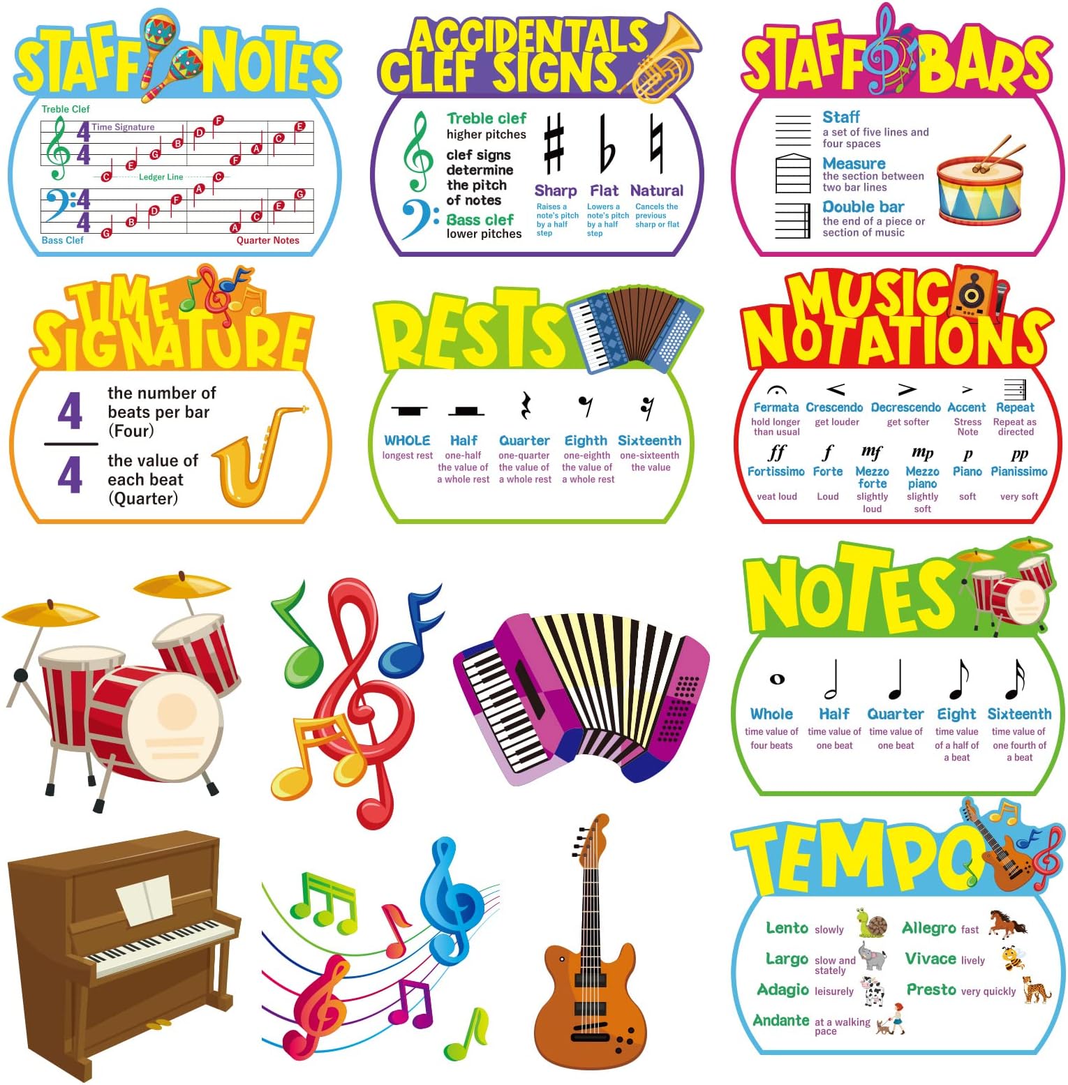 14 Pieces Music Elements Bulletin Board Set Musical Education Posters Music Classroom Decor for Middle School and High School Classroom Decorations or Homeschool Supplies