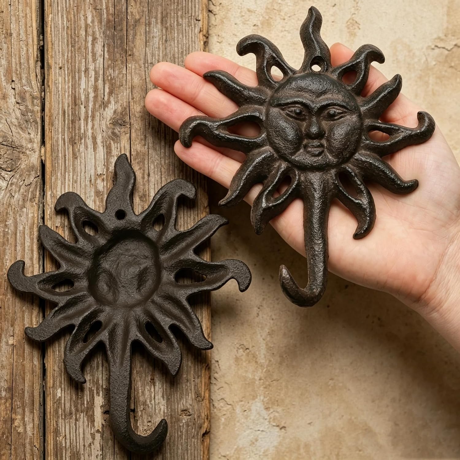 ZAVOOS 2 Pack Cast Iron Hooks, Heavy Duty Rustic Coat Hooks with Screws for Hanging, Vintage Wall Mounted Farmhouse Decorative Hanger for Hats, Towels, Bags, Keys, Sun Moon Shaped Celestial Decor