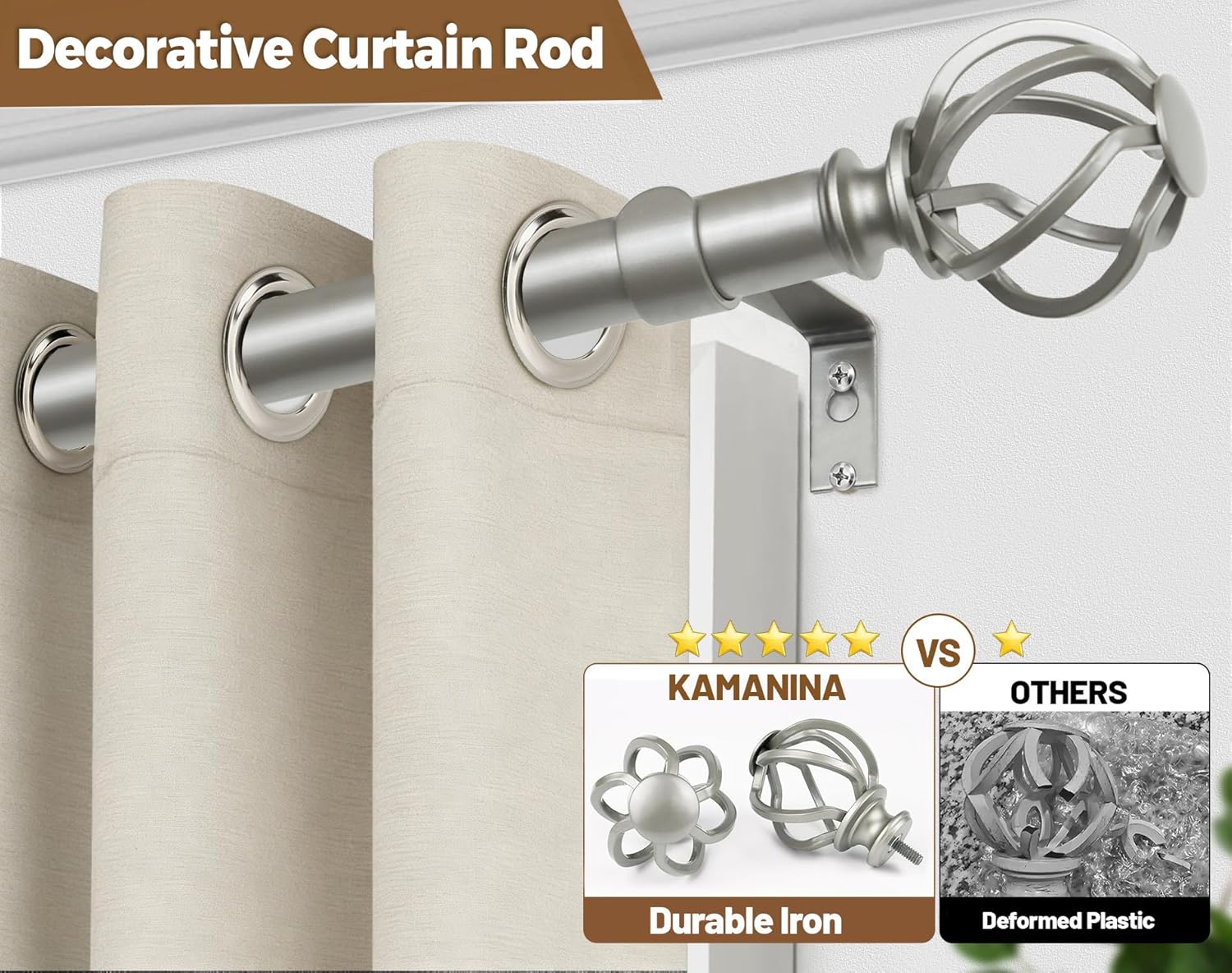 KAMANINA 1 Inch Curtain Rods for Windows 72 to 144 Inches (6-12ft), Antique Silver Long Curtain Rod 32 to 144, Heavy Duty Decorative Single Drapery Rods, Twisted Cage End