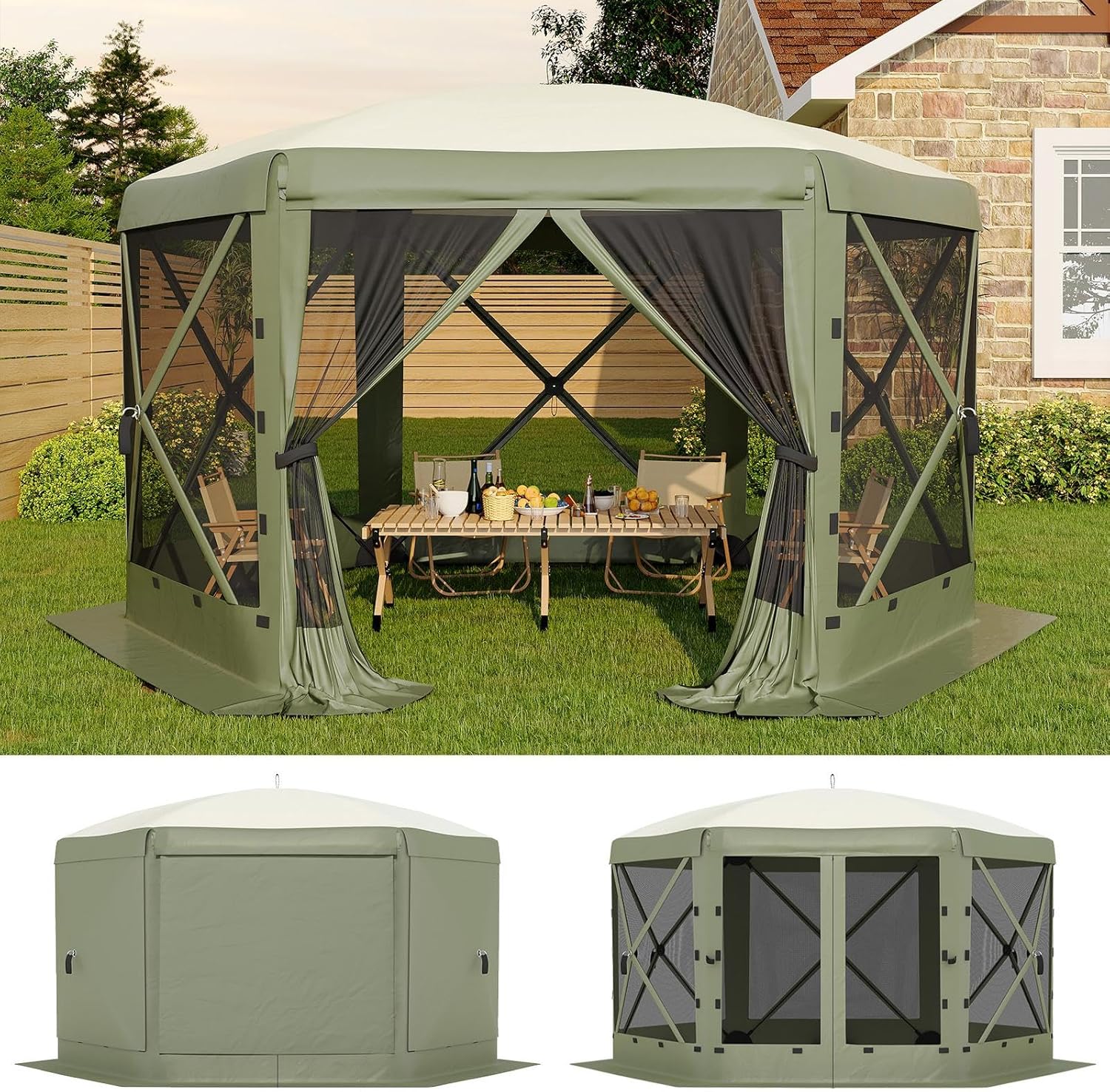 13x13FT 6-Sided Pop Up Gazebo Tent，One-Push Setup Canopy Tent with Removable Canopy Top & Wind Cloths, Outdoor shelter for Camping, Backyard Parties, Outdoor Events – Army Green