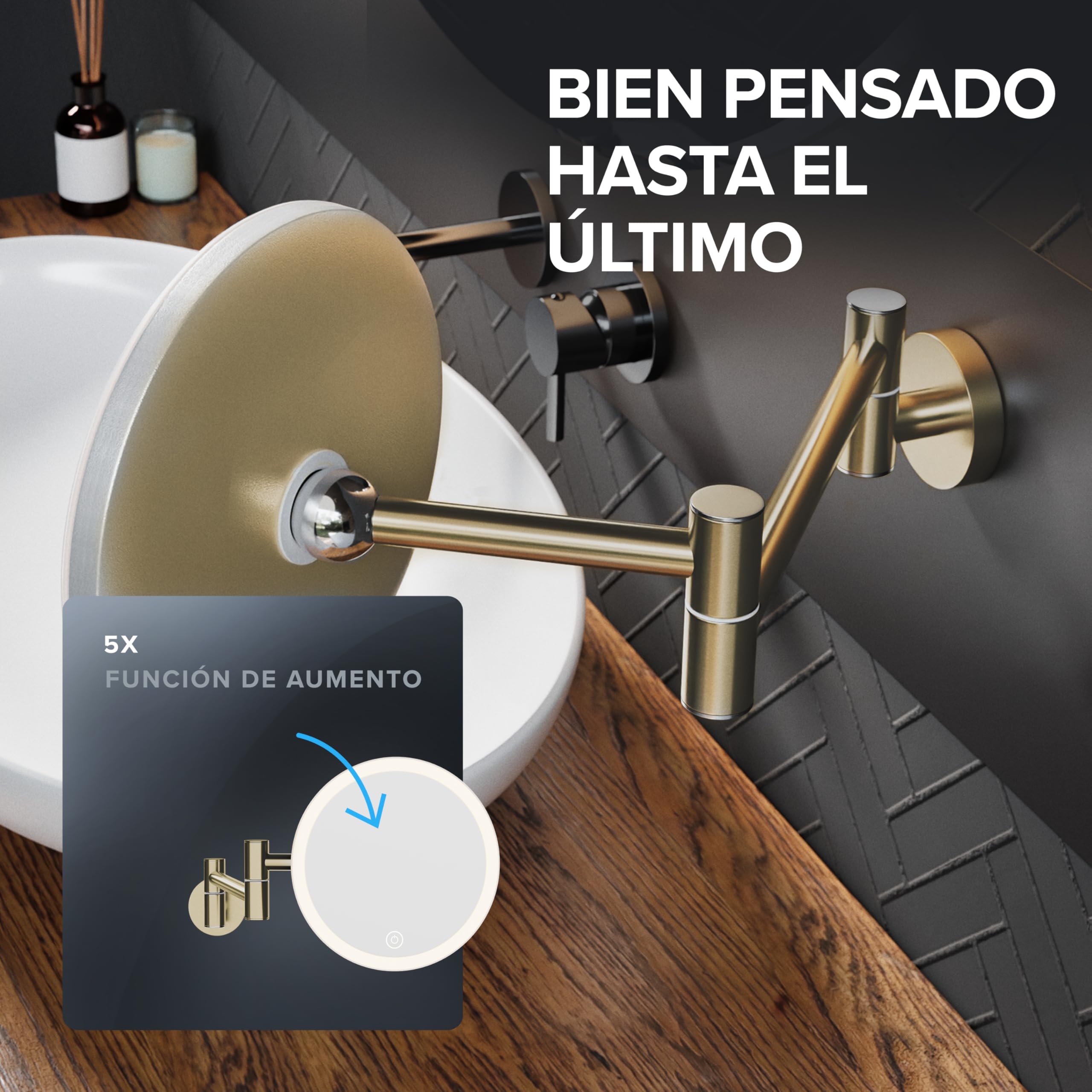 ovimar Espejo de Aumento Blavand Oro | con iluminación | Recargable | Montaje en Pared para taladrar | en el baño | Espejo de Aumento 5X | Espejo de Maquillaje con luz | Espejo de 360 ​​​​Grados