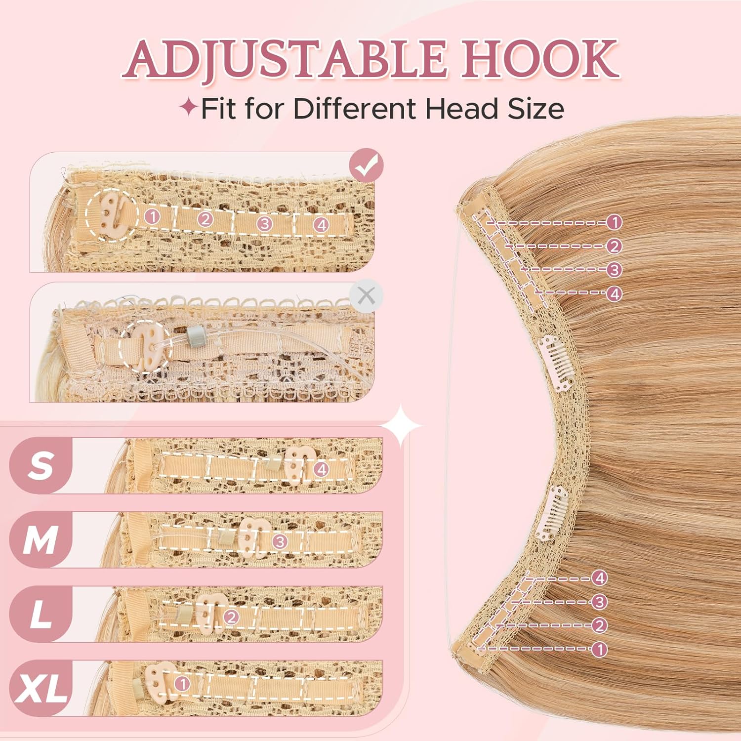 SEGO Invisible Wire Hair Extensions, Real Human Halo Hair Adjustable Wire Extensions, 2 Clips for Women Transparent Fish Line Extensions, Add Length, 16 inches, Golden Brown Mixed Bleach Blonde, 60g