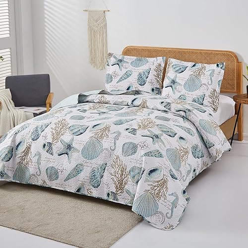 Miniatura 4 de Jarson Juego de edredones de playa de verano, tamaño King, juego de colcha ligera costera de 3 piezas, juego de ropa de cama con estampado de