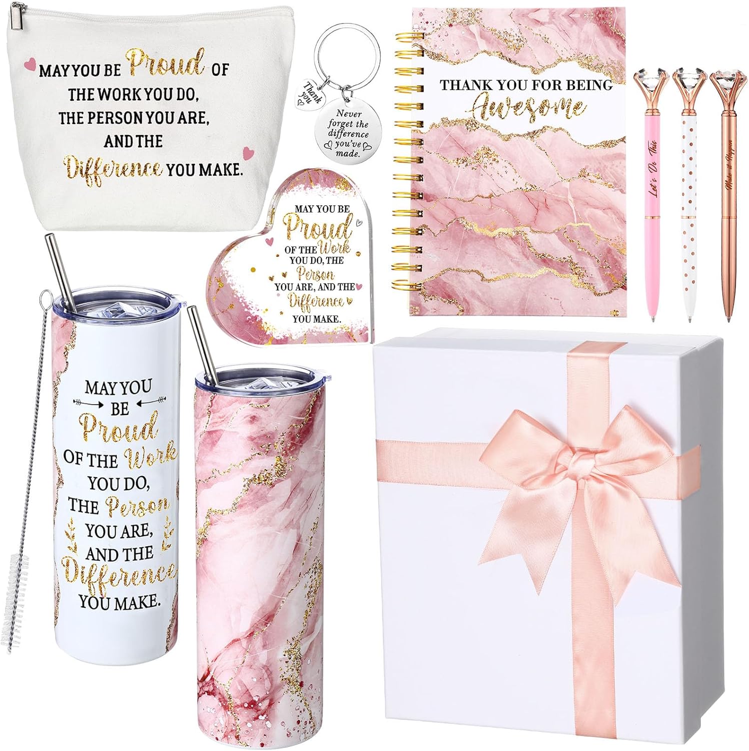 Yungyan 8 Pcs Employee Appreciation Gift for Women Men, Administrative Professional Day Gift May You Proud Tumbler Notebook Pen Makeup Bag Keepsake Keychain for Ot Month Teacher Coworker Nurse(White)