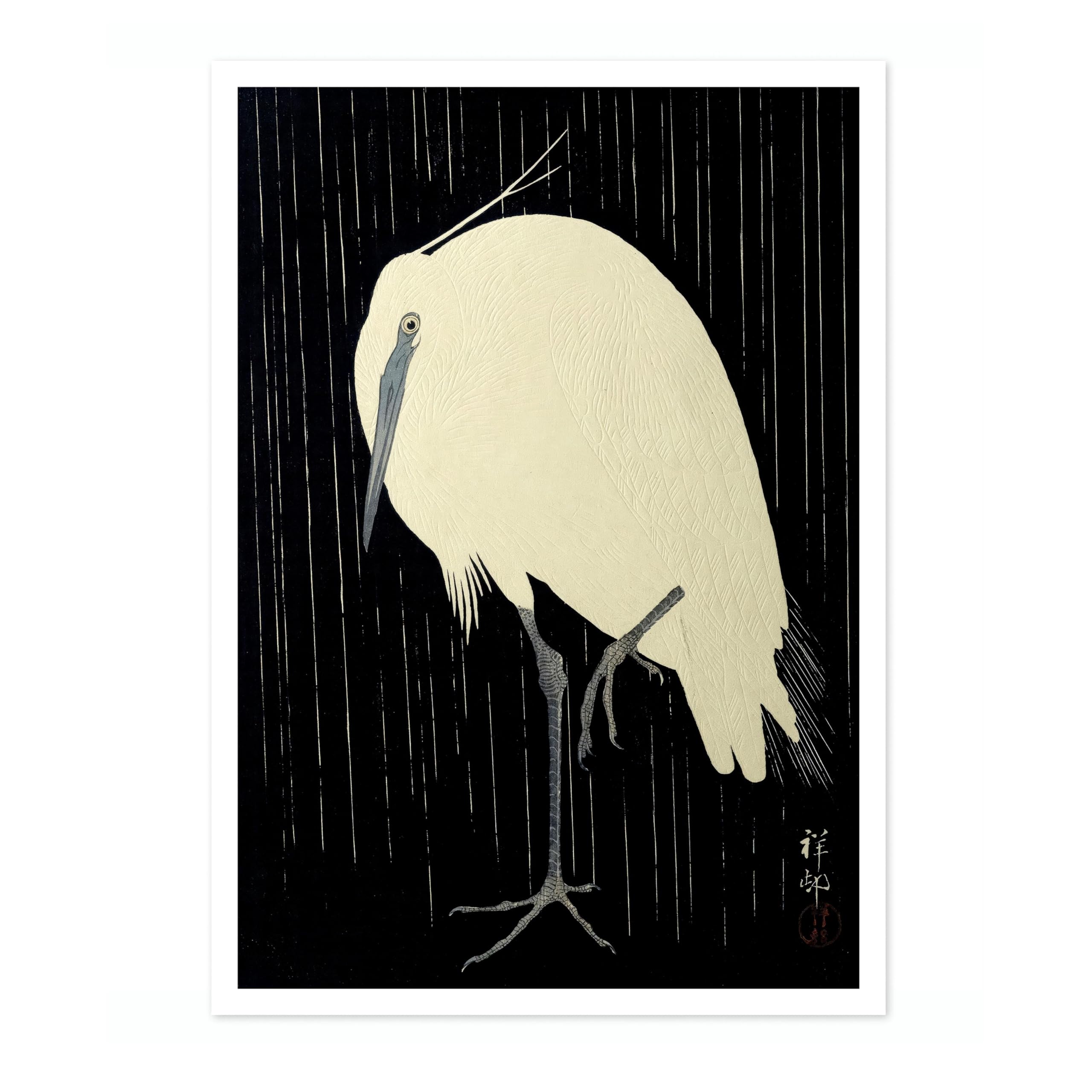 Egret In The Rain Ohara Koson Poster, Japanese Woodblock Ukiyo-E Print, Vintage Bird Art Picture Animal Painting Wall Art Exhibition, Japan Birds Home Decor, A1 (Print Only) - 84.1x59.4cm
