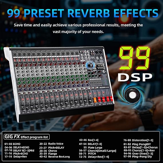 16 Channel Audio Mixer Professional Sound Mixing Board with 99 DSP Effects, 7-band EQ Digital DJ Mixer Console w/USB Bluetooth MP3 for Recording, Independent 48V Power & Mute Button