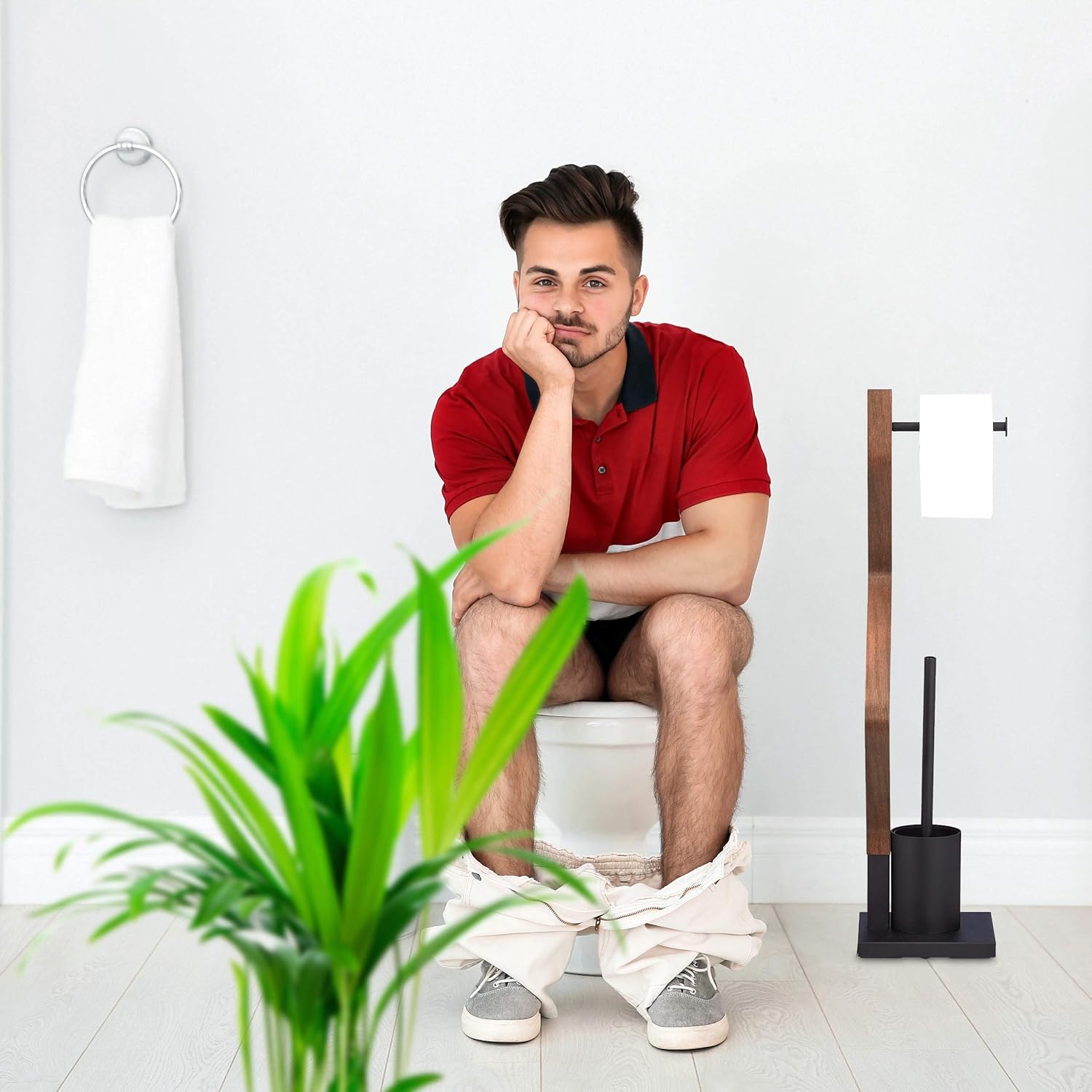 Relaxdays Standing Toilet Set Wood and Steel Toilet Roll Holder with Brush, 1 Piece, Black/Brown