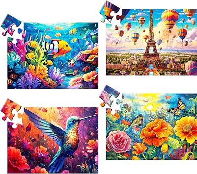 4 Pack Large Piece Puzzles for Seniors,Fish Animals Jigsaw Puzzle Dementia | 24 Piece Jigsaw With Tower, Hummingbird, Flower Themes - Memory Games for Elderly and Alzheimers