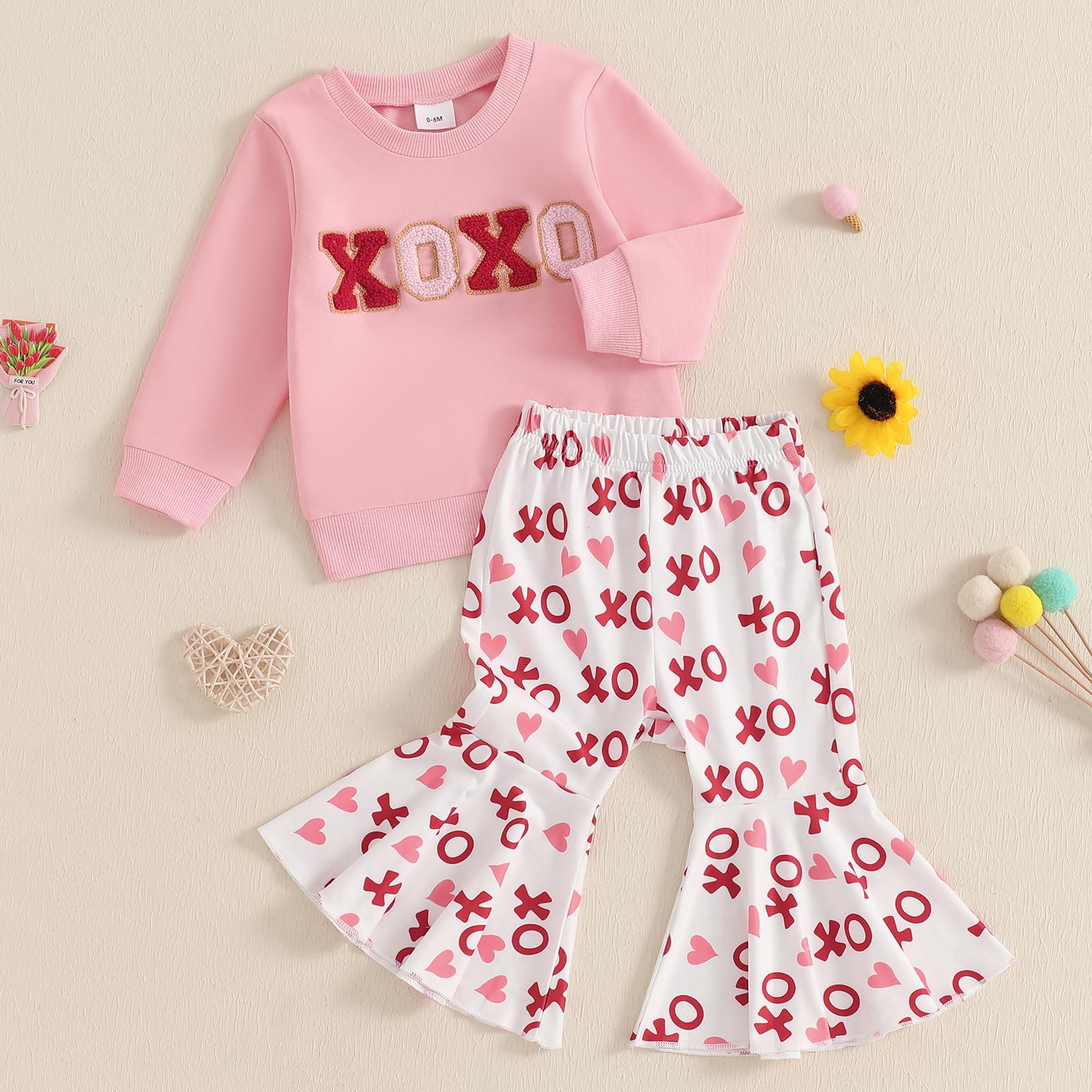 iddolaka Toddler Baby Girls Valentines Outfits Long Sleeve Letter Sweatshirt Shirt Heart Flared Pants Spring Clothes (C-Pink, 2-3T)