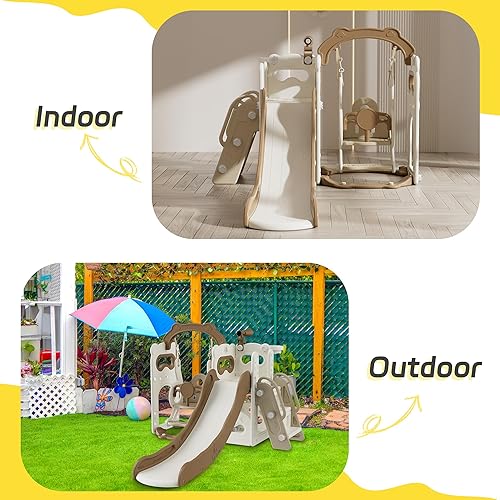 Miniatura 5 de Tobogán, columpio y tobogán para niños pequeños de 1 a 3 años con aro de baloncesto, telescopio para interiores y exteriores, patio de juegos Café