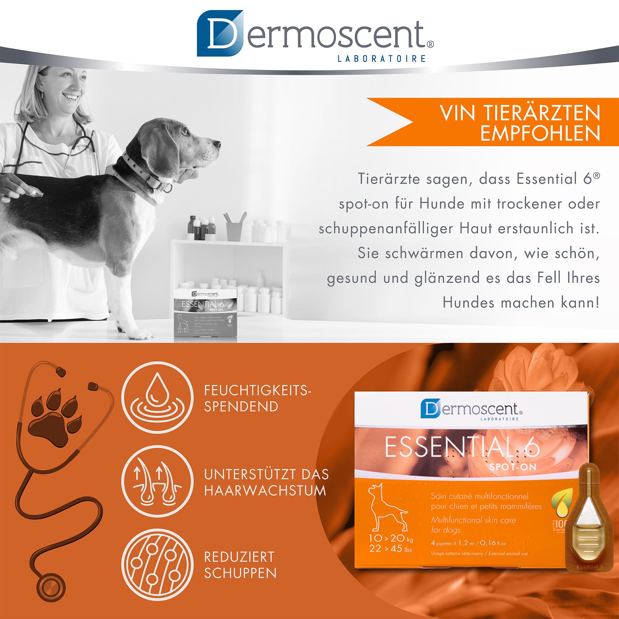Innovative Hautpflegelösung für Hunde und kleine Haustiere | Feuchtigkeitsspendend, glänzend, kontrolliert Haarausfall, reduziert Gerüche und schützt mit natürlichen Inhaltsstoffen | 10-20 kg