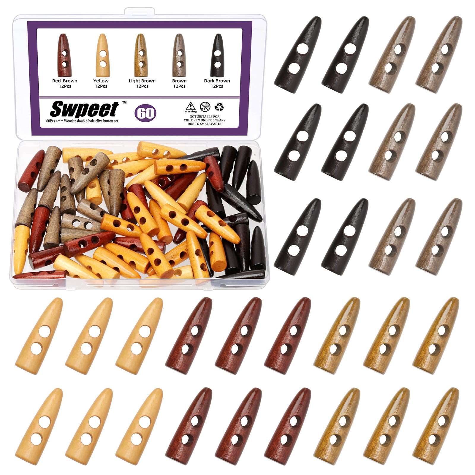 Swpeet 60Pcs 5 Colors 5mm Hole Wood Horn Toggle Buttons Assortment Kit, Horn Shape 2 Holes Toggle Buttons, Craft Wooden Sewing Button, DIY Accessories Vintage Olive Buckle for Clothing Scrapbooking