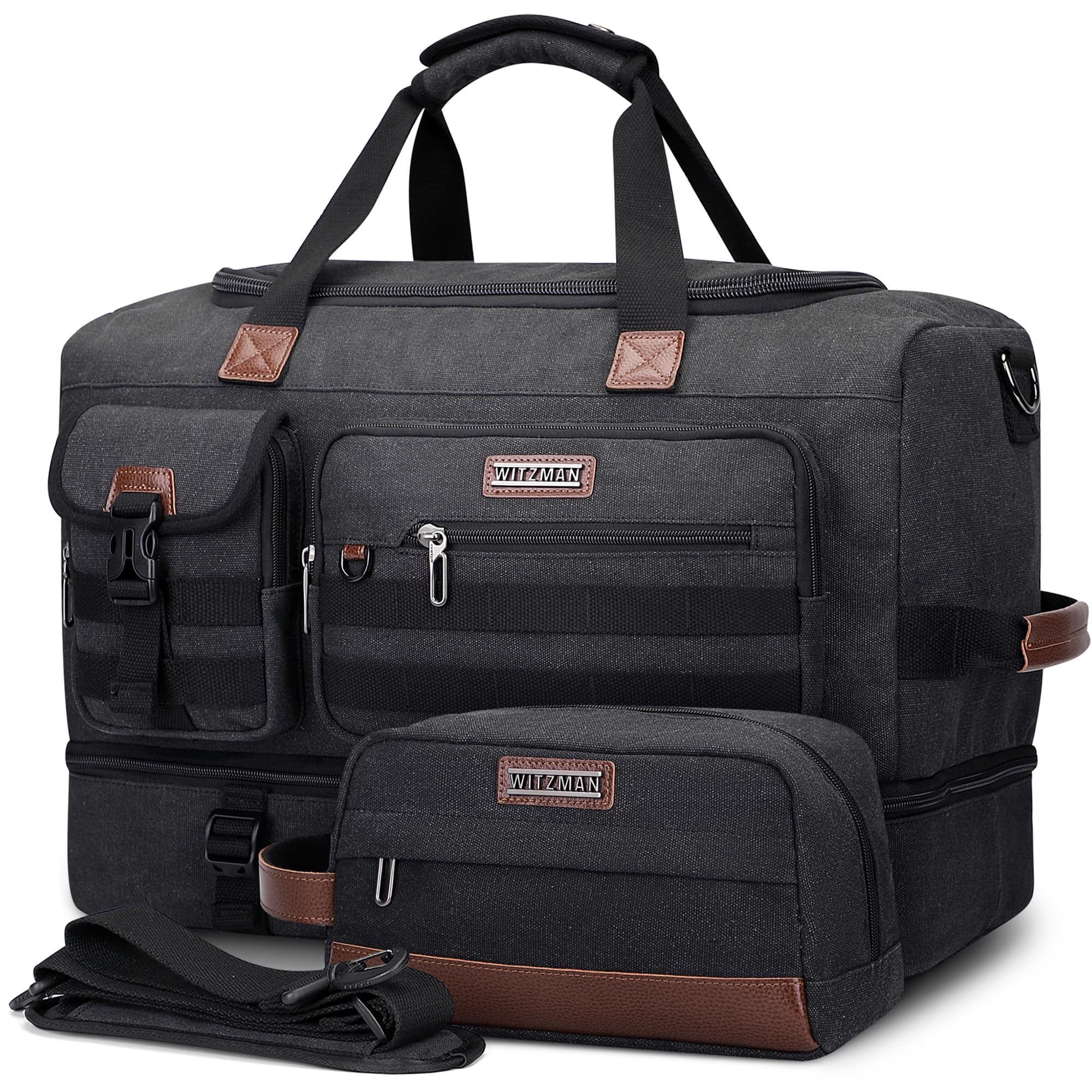 WITZMAN Reisetasche Herren 50L Canvas Wochenendtasche mit Kulturbeutel-Sets | Mit Schuhfach und Nass-Trennfach, Konvertierbar, Handgepäck Flugzeug, Eine für Reisen, Weekender, Sport, A8010/2 Schwarz