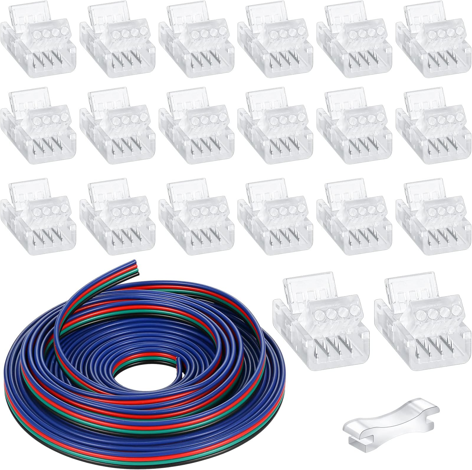 20 Pack 4 Pin 10mm Solderless LED Strip Connectors, Clear Track Lighting Connectors, LED Pin Connector, with 16.4ft Wire Lights Strip LED Strip and