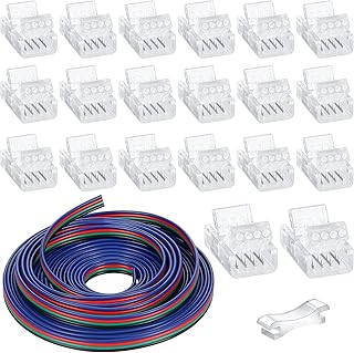 20 Pack 4 Pin 10mm Solderless LED Strip Connector Transparent Track Lighting Connectors LED Pin Connector, with Wire Strip Lights 16.4ft LED Strip and Connector Pry for 5050
