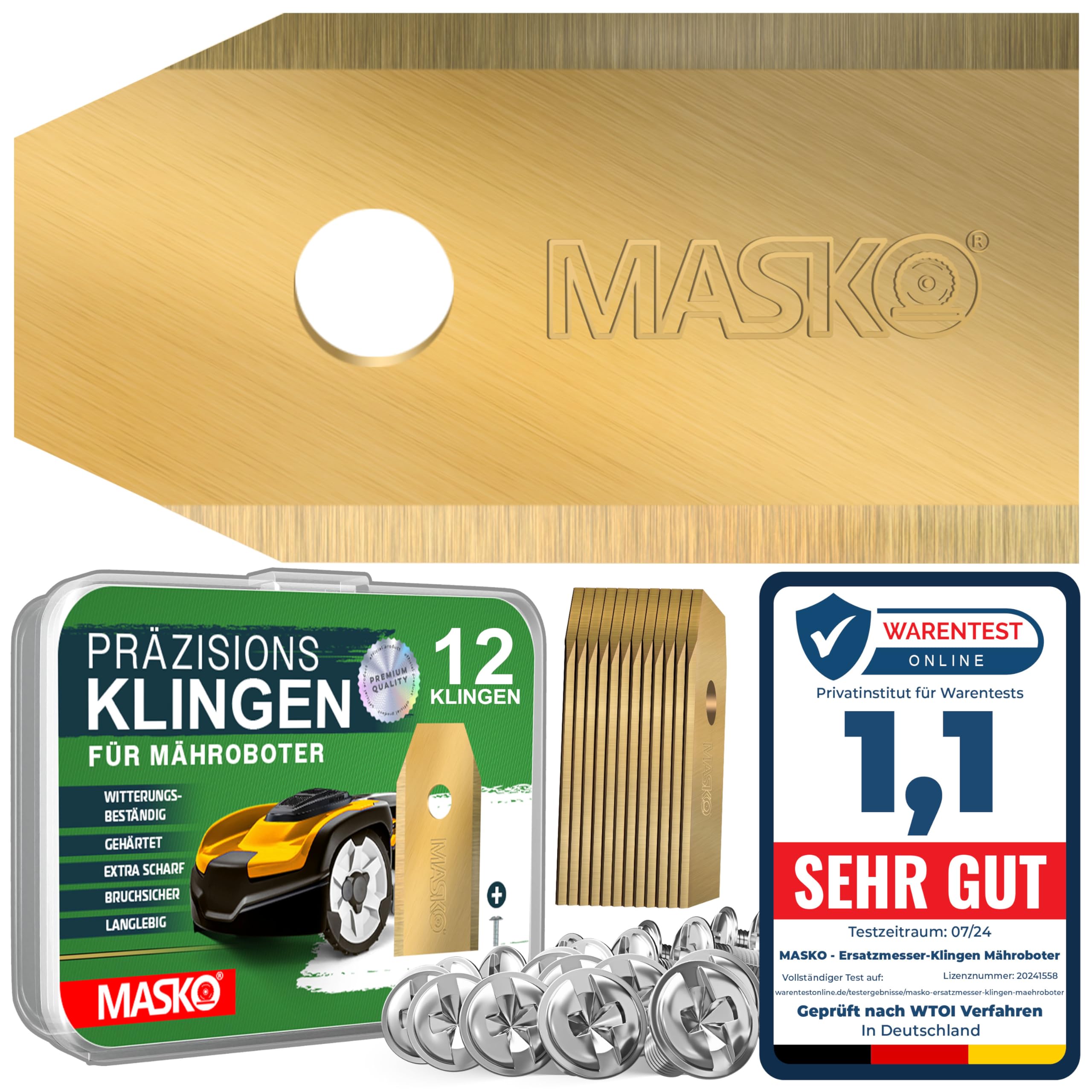 MASKO® Ersatzmesser Klingen für Mähroboter | Rasenmäher Messer universal inkl. innovativen Schrauben | Ersatzklingen Rasenroboter langlebig Titan-Beschichtung Kompatibel mit Gardena/Husqvarna 12 Stück