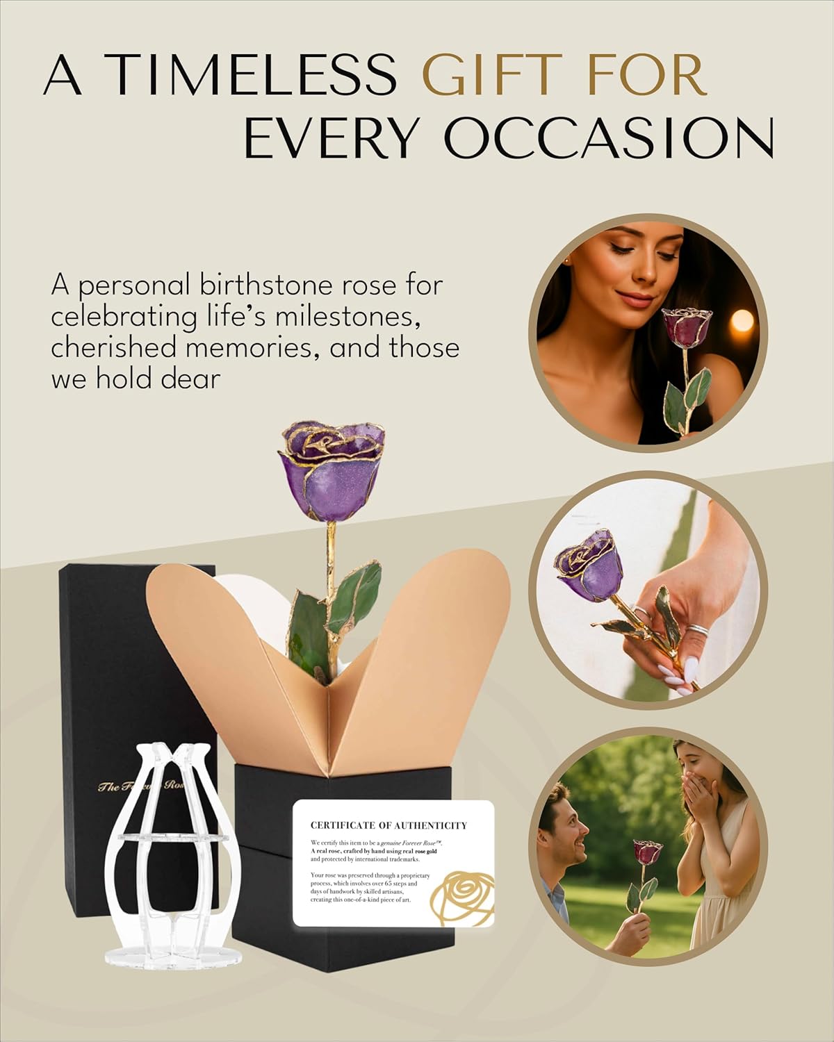 Forever Rose Hand-Dipped in 24K Gold, Amethyst-Inspired February Birthstone with Sparkles, Real Rose in Phantom Vase and Bloom Box – Perfect Ready to Gift for February Birthday or Any Occasion - Image 5