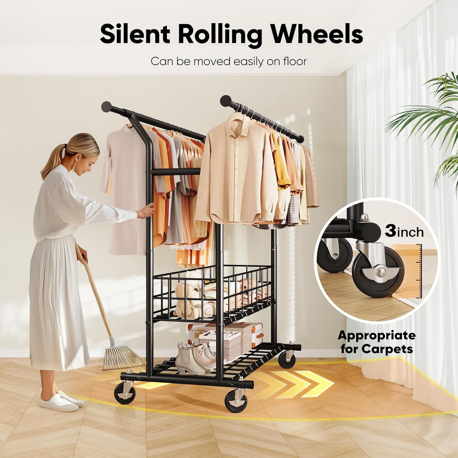 HOKEEPER Heavy Duty Clothes Rack Load 635 LBS, Clothing Rack for Hanging Clothes, Adjustable Black Double Rod with Metal Basket, Portable Rolling Garment Rack with Wheels for Bedroom, Laundry Room