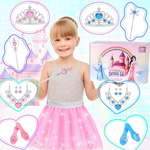 Miniatura 6 de Ropa de princesa para niñas pequeñas, conjunto de disfraz de princesa con capa de princesa, tutú, corona, zapatos, joyas de juego, juguetes de