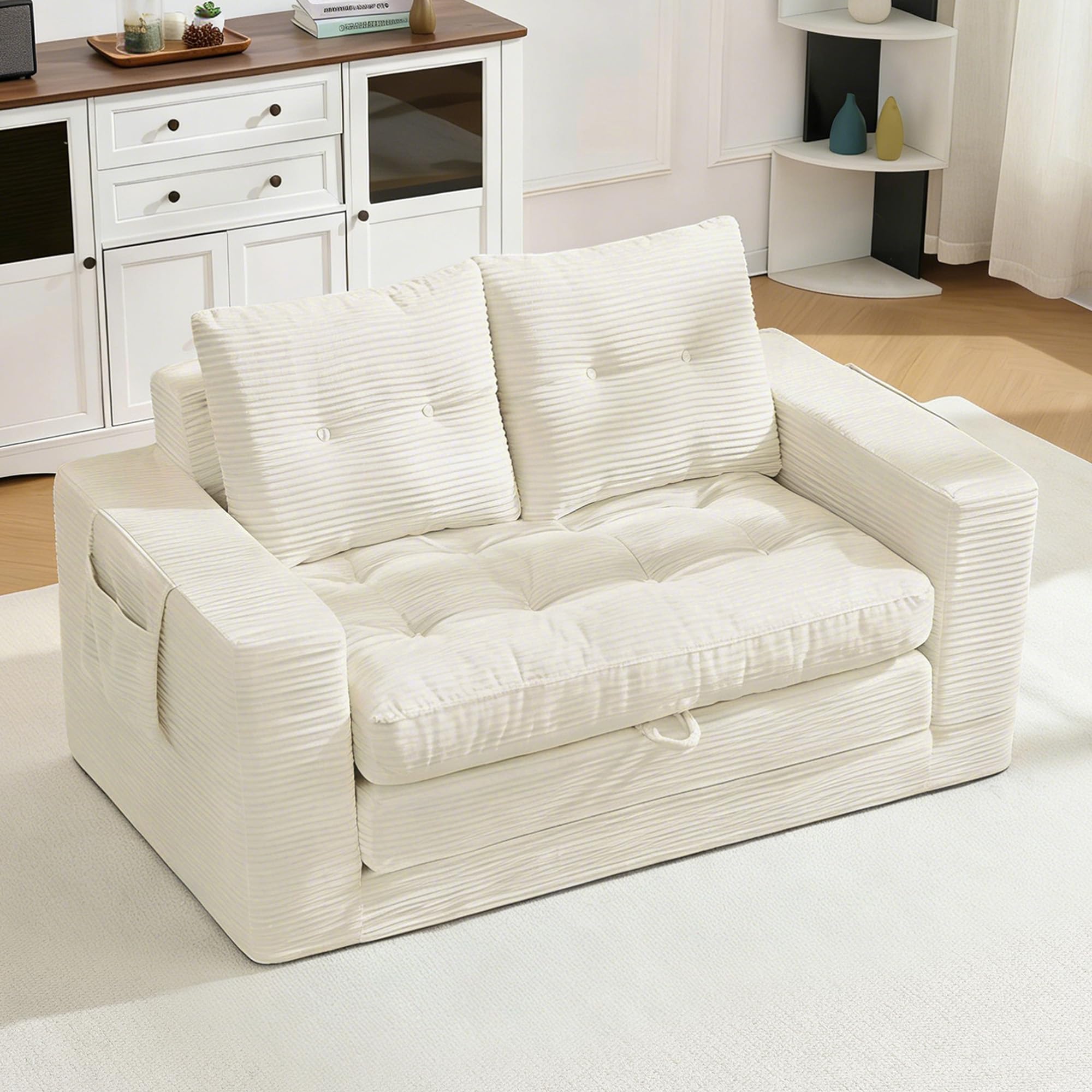 Sofá de dos plazas reclinable beige con reposabrazos amplios y bolsillos para salón u oficina