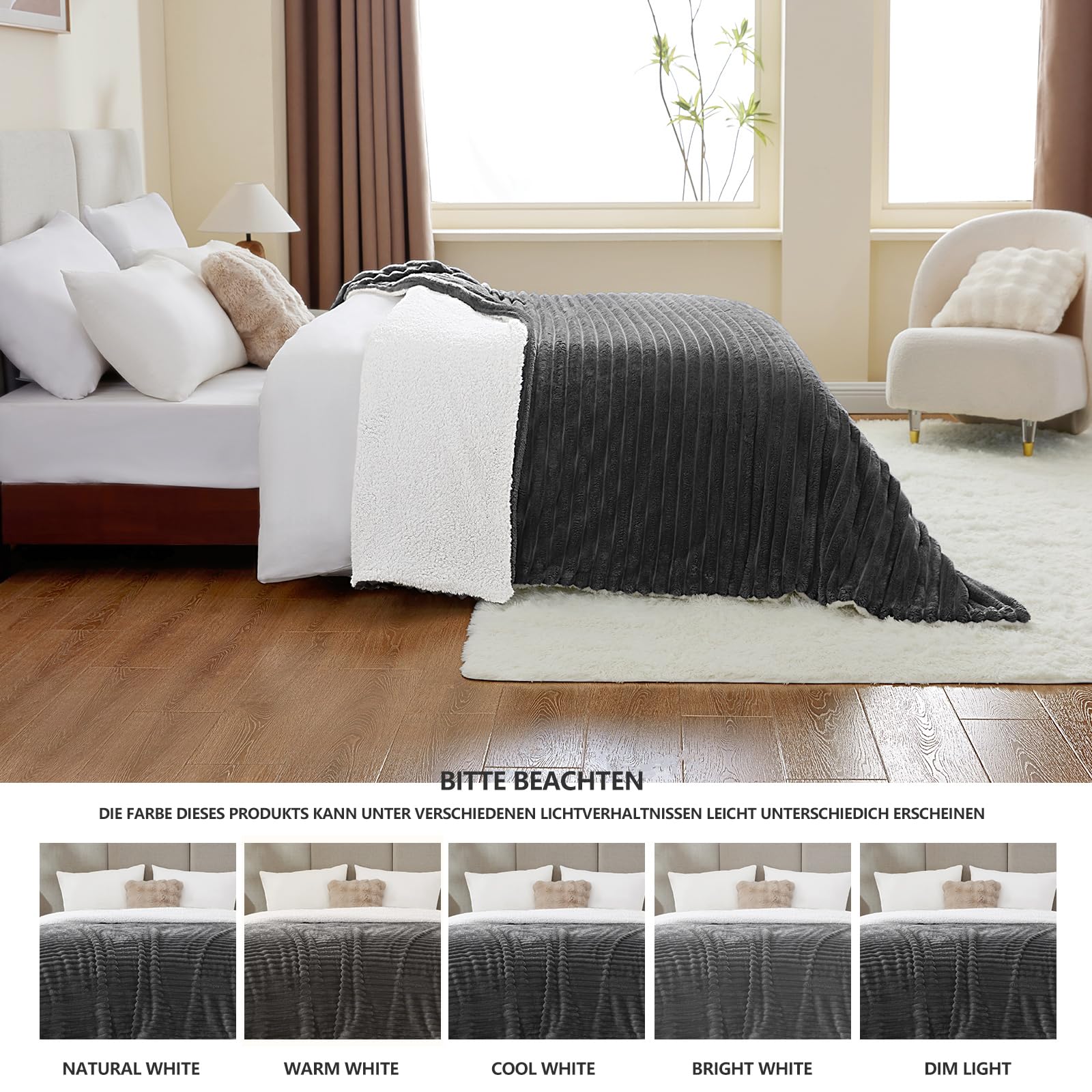 WAVVE Decke Sherpa Kuscheldecke Flauschig Grau - Extra Warme Dicke Weiche Grobe Kordecke Sofaüberwurf, Sofadecke Doppelgesicht, 220x240 cm XL Wolldecke Couchdecke Wohndecke