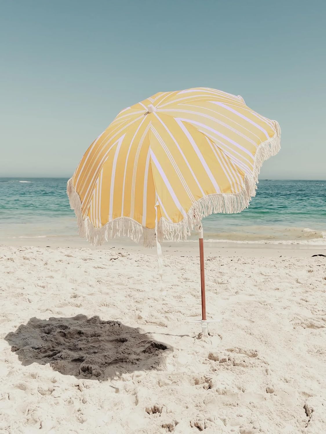 Beach Umbrella for Sand with Fringe Luxury Boho Outdoor Umbrella for Beach, Pool, or Garden, UPF 50+ Wood Shaft Fiberglass Fittings, metal screw tip Round with Carry Bag