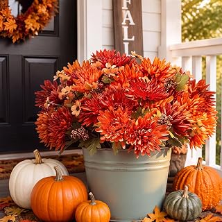 Waydress 6 Bundles Fall Fake Orange Mums 42 Head Orange Artificial Flowers | Large Fake Mums Fall Flower for Outdoor Silk Bouquets for Planters Realistic Autumn Chrysanthemum for Thanksgiving Home Decor
