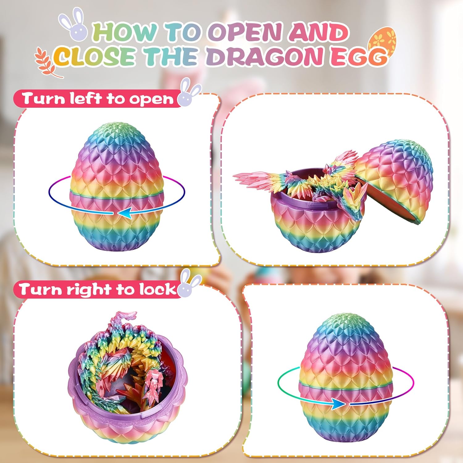 3D Printed Dragon with Wings and Eggs: Flexible Crystal Dragon Toy for Desk Decor, Sensory Fidget Toy for Kids & Adults, Unique Easter Basket Stuffers& Birthday Gift（Rainbow）