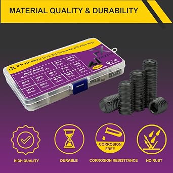 Set Screws Assortment Kit (M3, M4, M5, M6, M8) with Allen Keys Durable 240 Pcs Metric Cup Point Alloy Steel for Bathroom Fixtures, Door Knobs, Faucets, Plumbing, and More