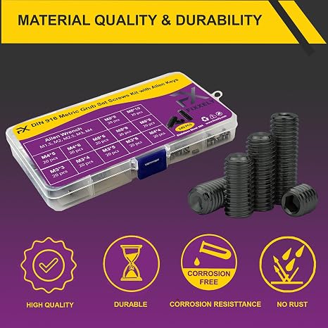 Set Screws Assortment Kit (M3, M4, M5, M6, M8) with Allen Keys Durable 240 Pcs Metric Cup Point Alloy Steel for Bathroom Fixtures, Door Knobs, Faucets, Plumbing, and More