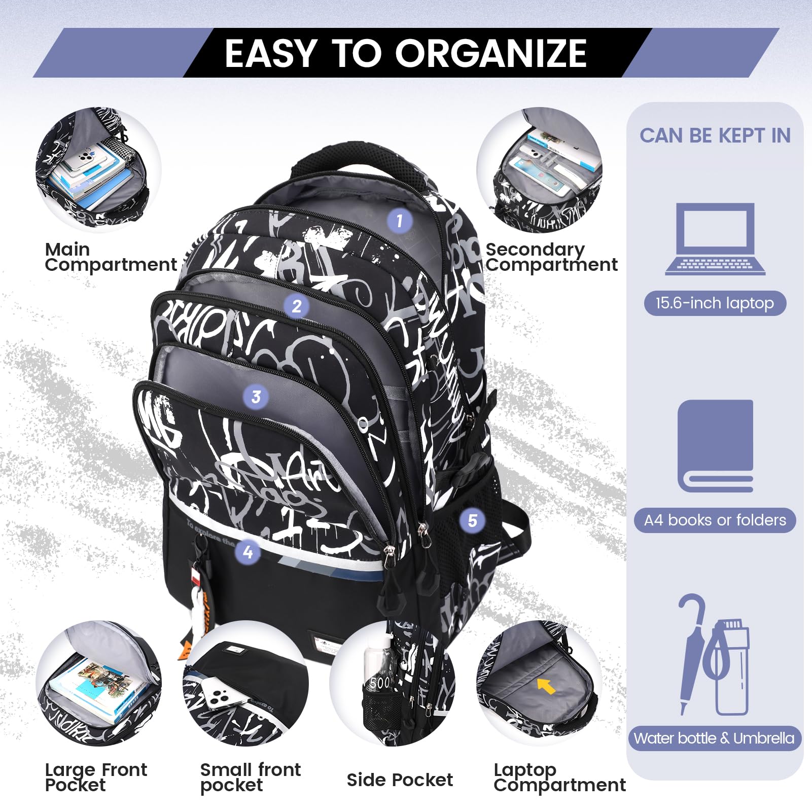 Amythe Schulrucksack Teenager Rucksack für Jungen - Wasserdichter Casual Daypack, Schulranzen Ideal für Schule, Reisen und Hochschulen, School Bag Schwarz