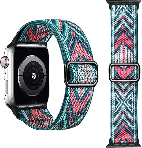 Stretchy Nylon Band Compatible with Apple Watch Bands 38mm 40mm 41mm 42mm | Elastic Boho Bands for iWatch Series 11 10 9 8 7 6 5 4 3 2 1 SE 3 2 1 Ultra 3 2 1,Bohemia-Green Totem