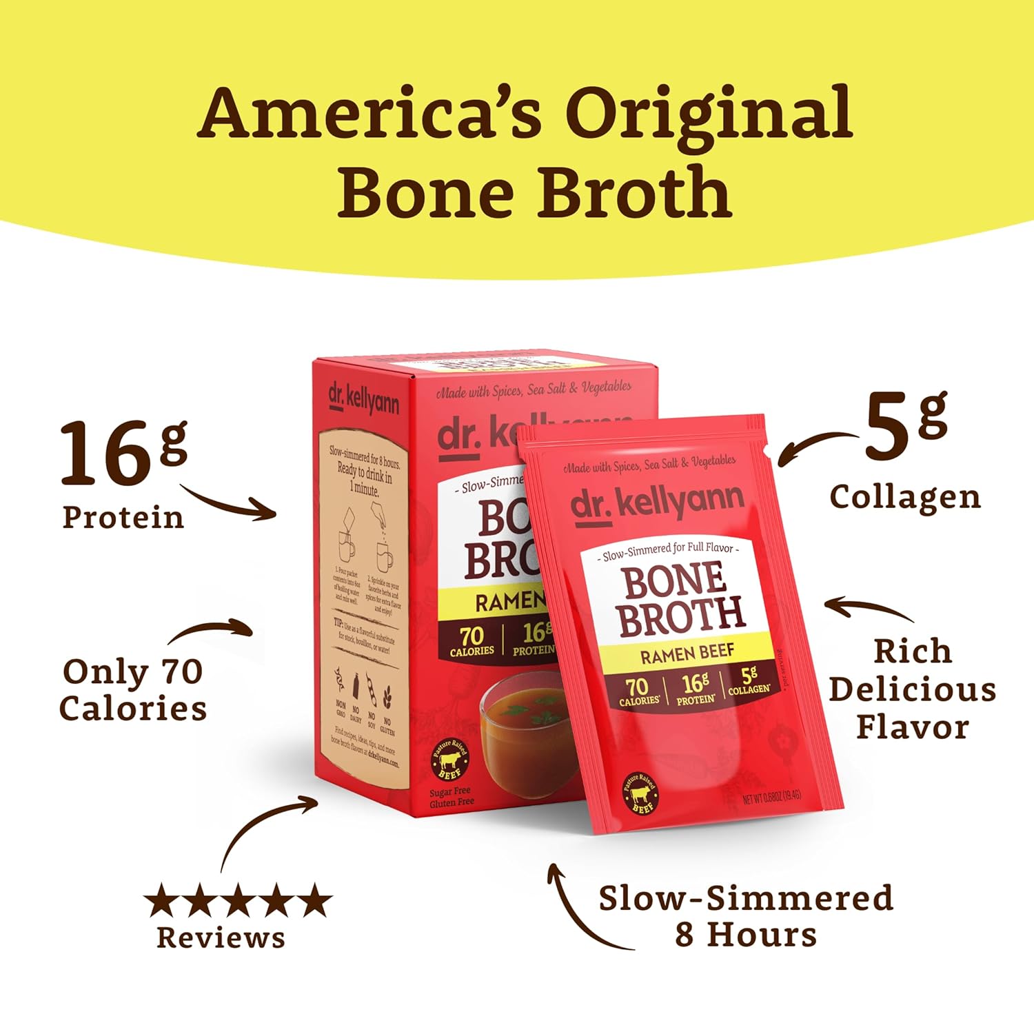 Dr. Kellyann Ramen Beef Bone Broth Packets (7 Servings) – 16g Protein, Grass-Fed Hydrolyzed Collagen, Keto & Paleo-Friendly