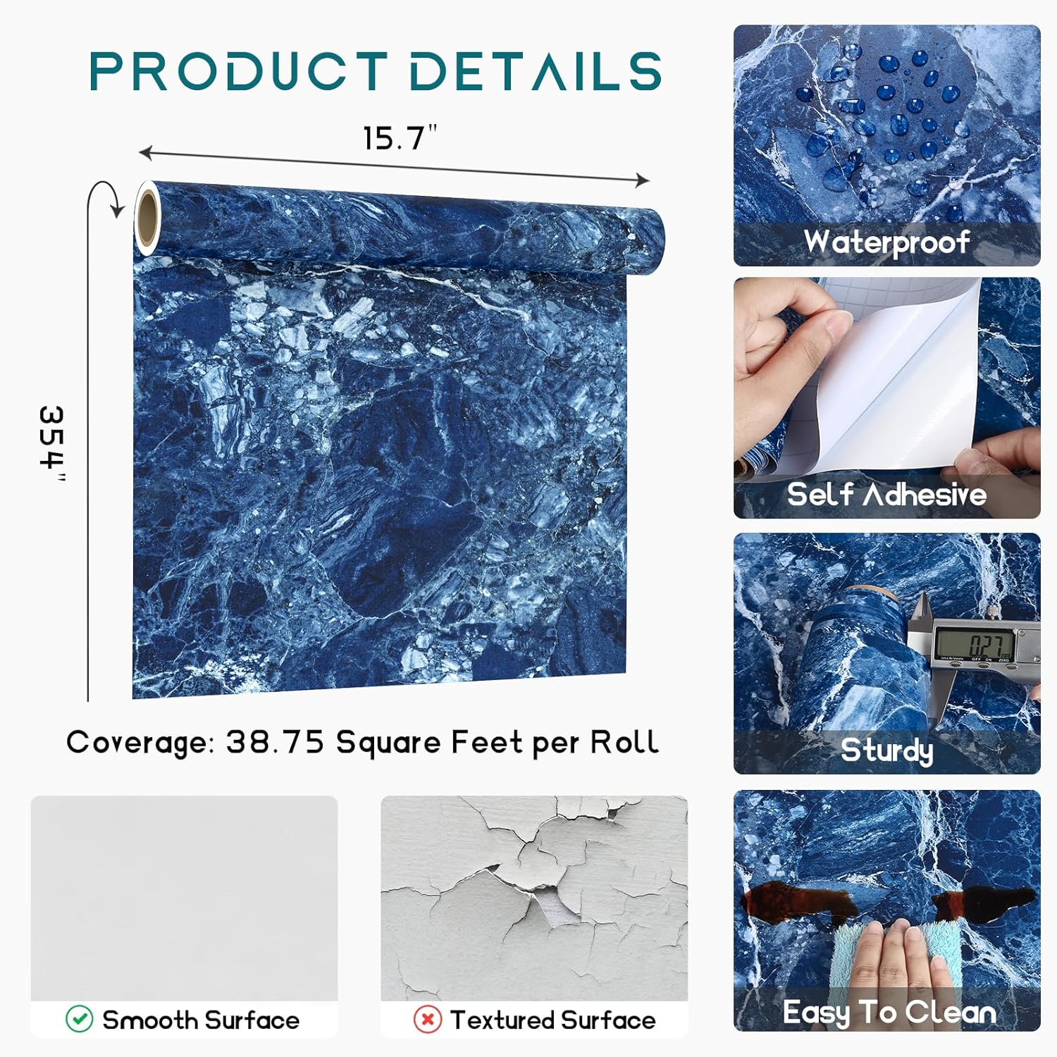 VEELIKE 15.7''x354'' Blue Marble Contact Paper Peel and Stick Countertops Waterproof Matte Blue Marble Wallpaper for Desk Table Kitchen Countertop Contact Paper Peel and Stick for Bathroom Counter Top