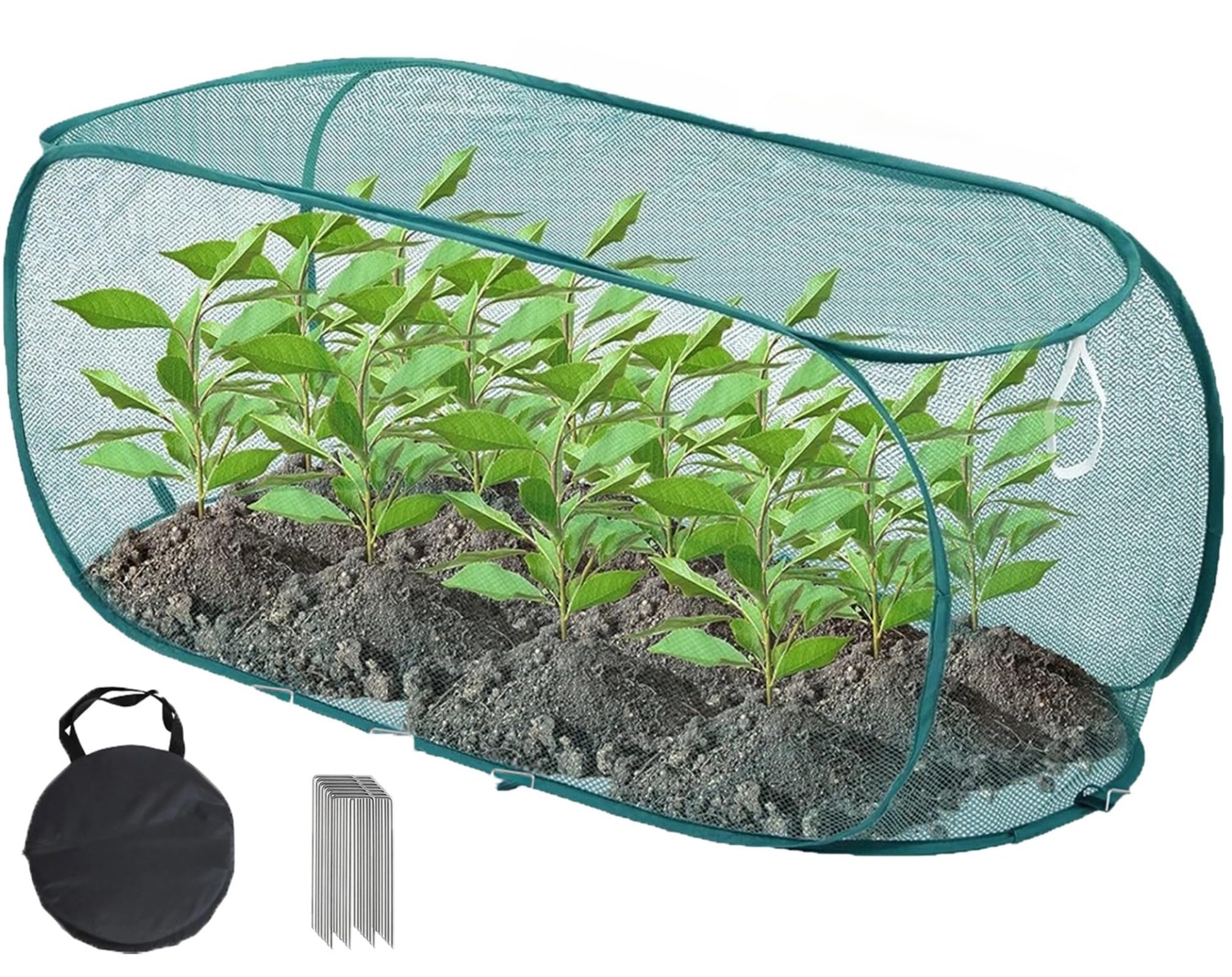 Lauroofan Pop Up Garden Mesh Plant Cover, Portable Plant Tent for Vegetables and Fruits, Protect Against Birds, Butterflies and Pests, with Ground Stakes and Storage Bag (Green,99 * 45 * 40 cm,1)