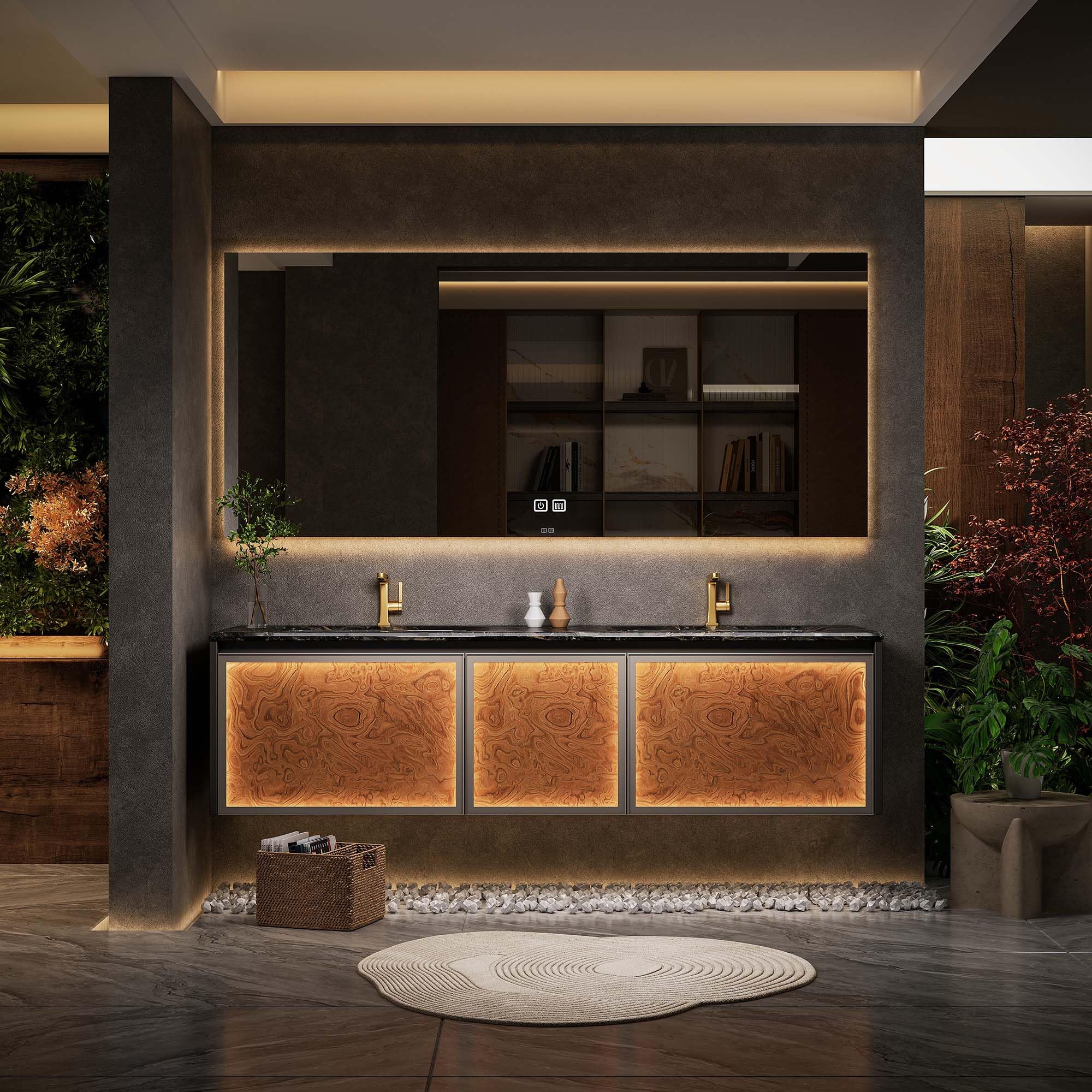 Moderno doppio lavandino bagno con specchio LED anti-appannamento montaggio a parete galleggiante in legno massello design fathroom Decor