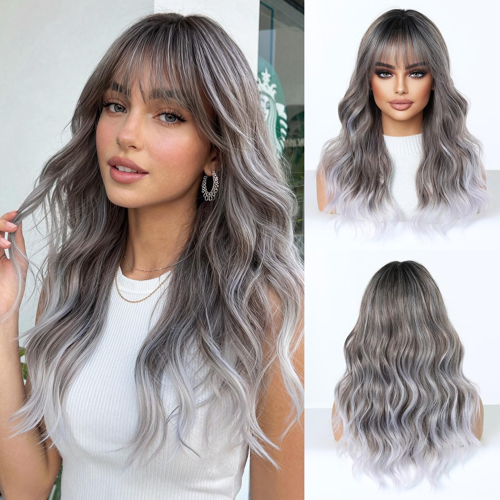 Parrucca ombré grigia per donne, parrucca lunga con frangia e capelli ondulati in fibra sintetica, resistente al calore, per uso quotidiano, feste e cosplay