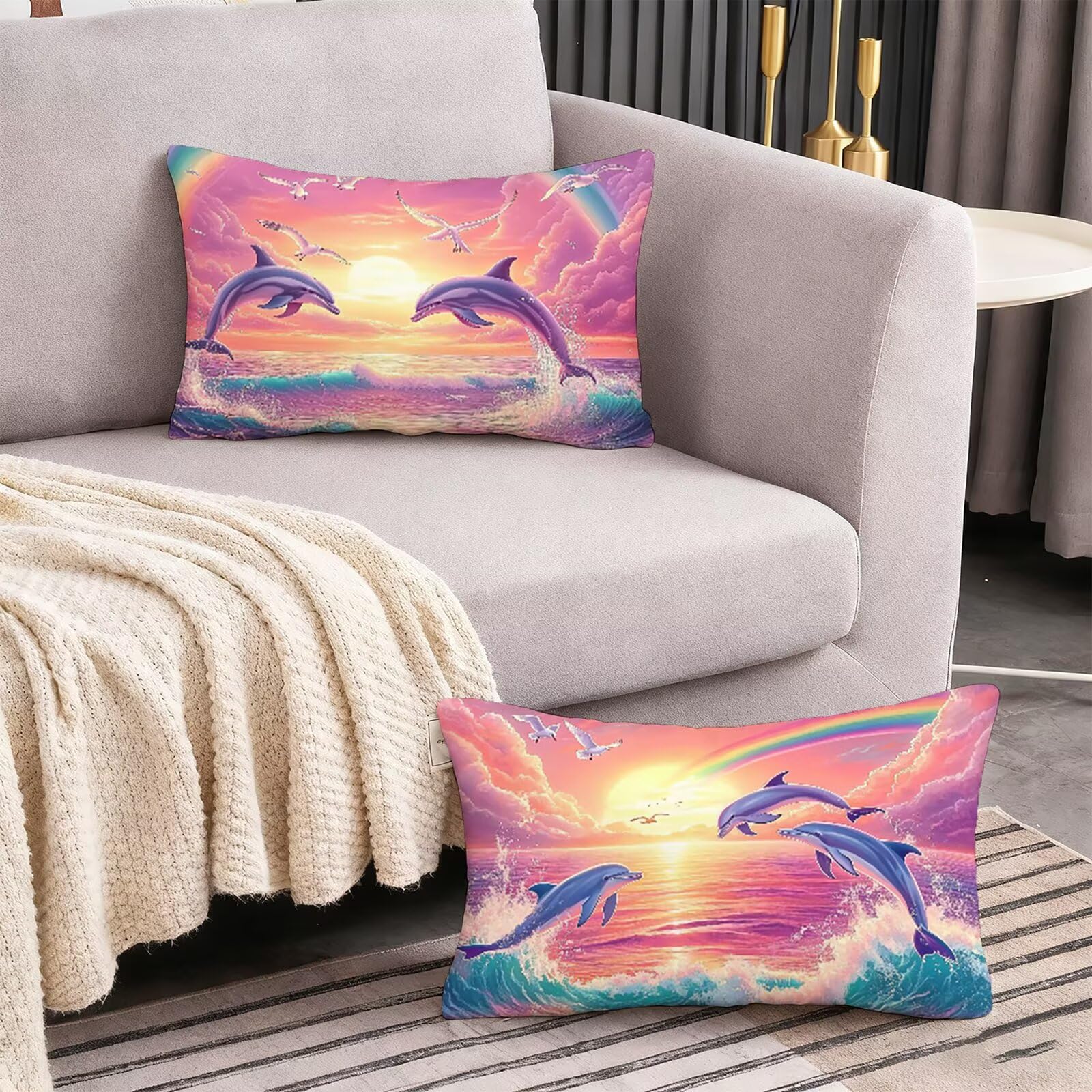 Delfin Poszewki na poduszki 70 x 90 cm, lniane, różowe, wodoodporne, miękkie, wygodne, dekoracyjne poszewki na poduszki na sofę, łóżko, samochód, idealna dekoracja domu, K3-507
