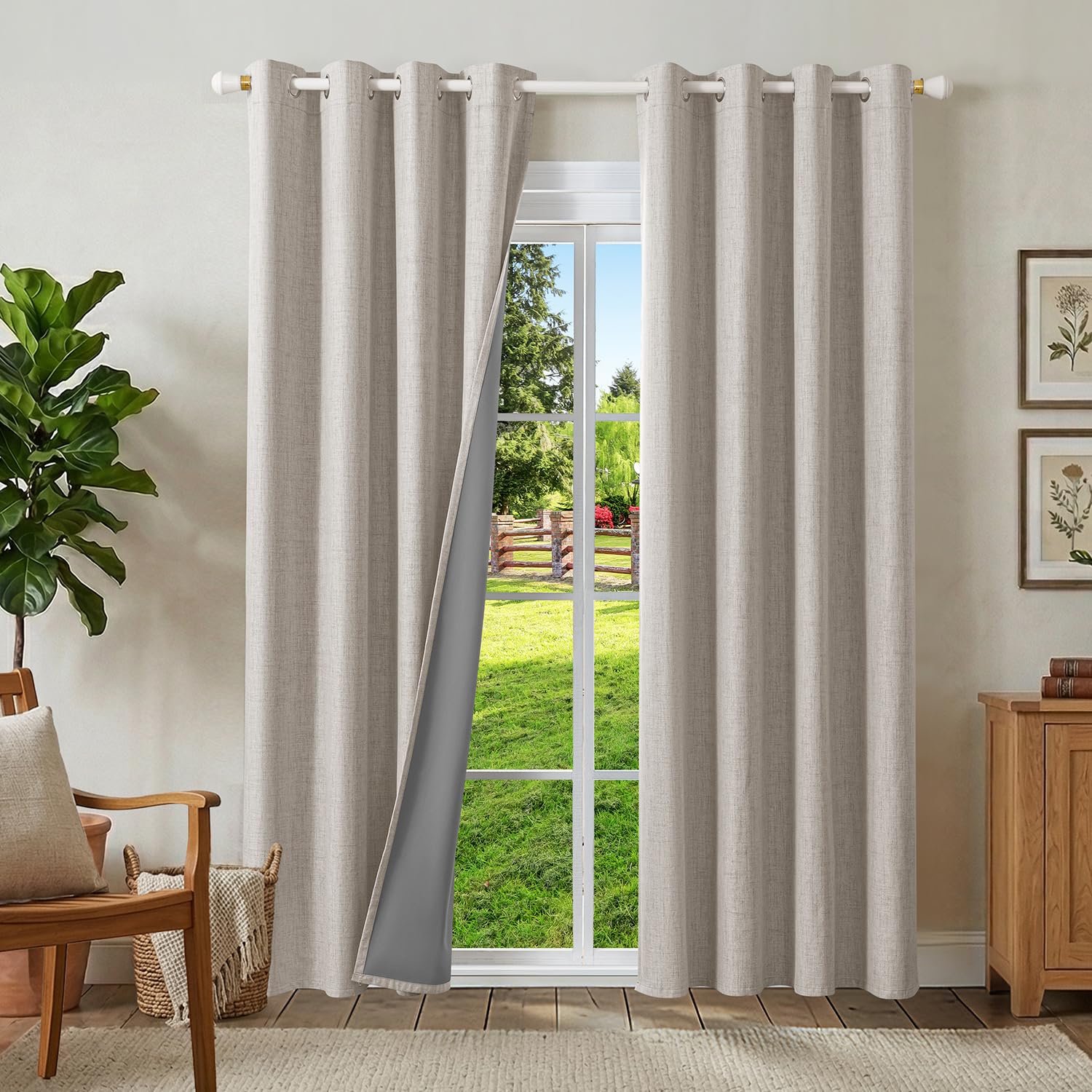 Runyéla 100% Blackout Linen Curtains Eyelet 46 x 72 Inch Drop for Living Room Bedroom Thermal Curtain 2 Panels Greyish White