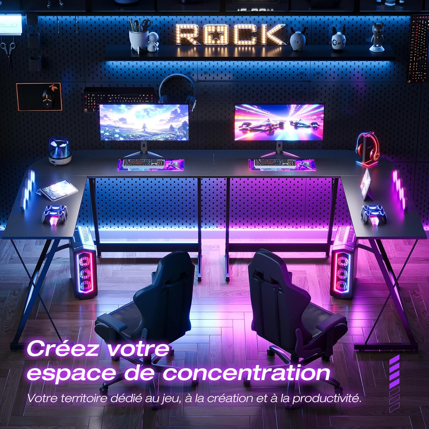 Two ODK L-Shaped Gaming Desks set up side-by-side for a dual gaming station
