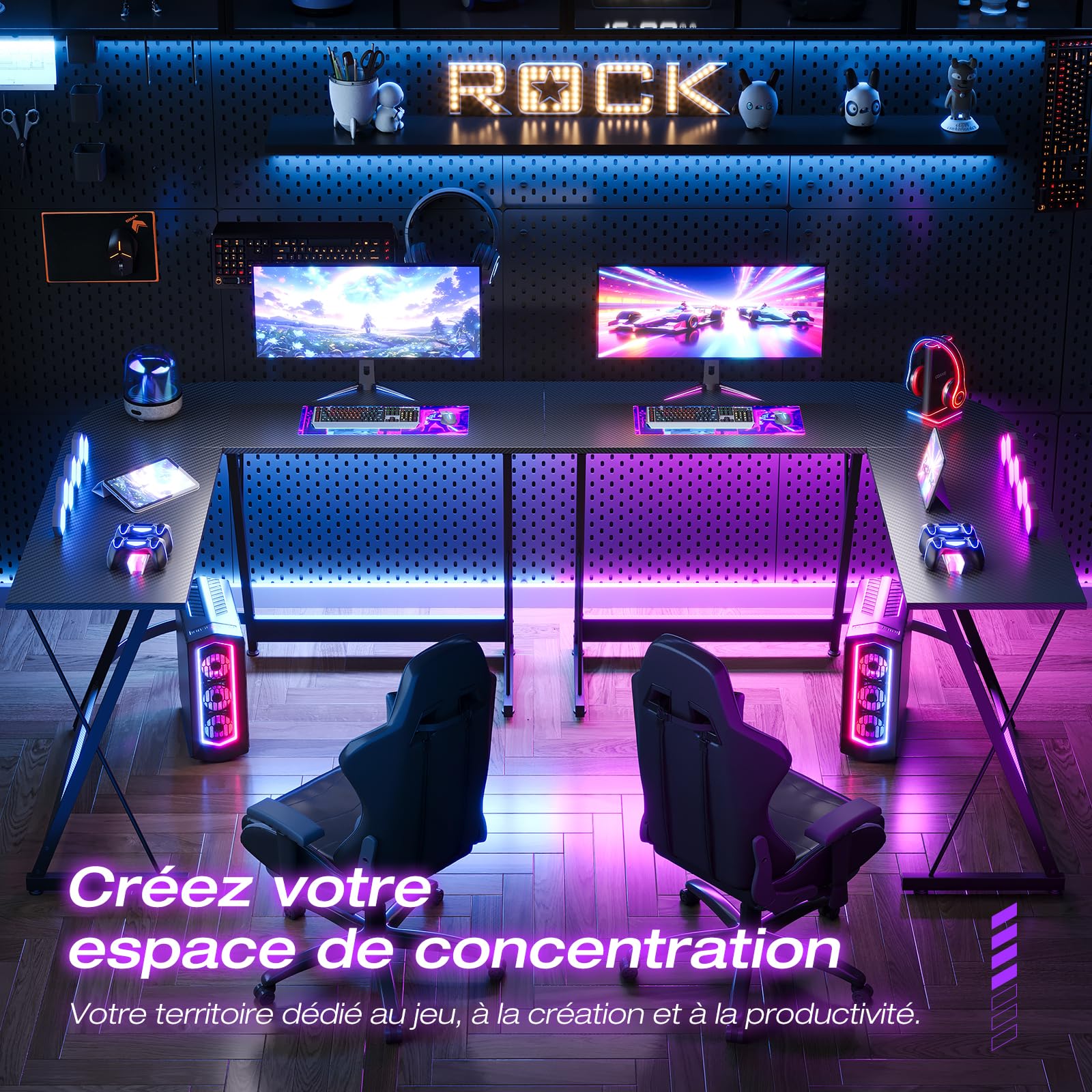 ODK Bureau Gaming d'angle, 120x120cm, Noir Fibre Carbone | Bureau en L avec Structure Stable, Économique, Pour Télétravail, Pour Études, Pour Gaming, Pour Maison