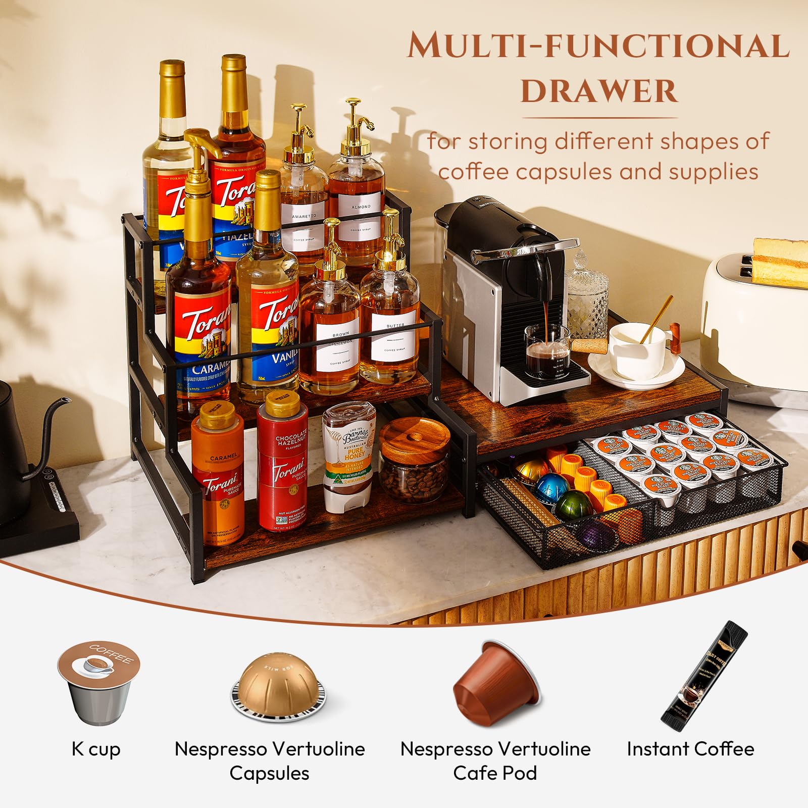 Pinzoveco Coffee Syrup Rack Organizer, 3 Tier 12 Bottles Syrup Rack with 24 K Cup Holder Drawer for Coffee Bar Organizer, Wood Coffee Station Organizer for Countertop, Coffee Makers, Bar Accessories